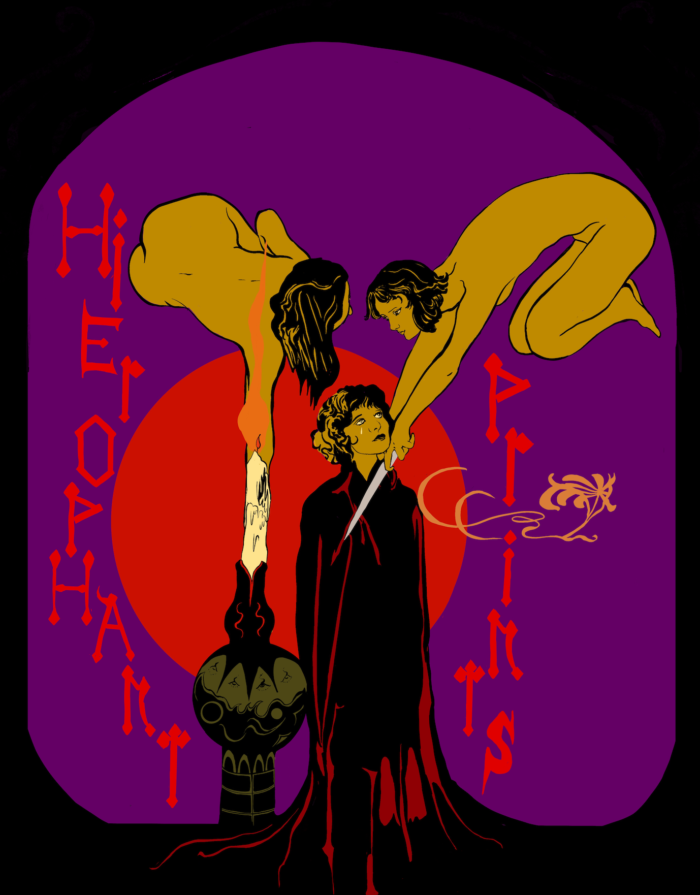 Illustration of a woman in a black dress holding a candle with a human skull, flanked by two female figures in dynamic poses, set against a purple and black background with red text and designs.