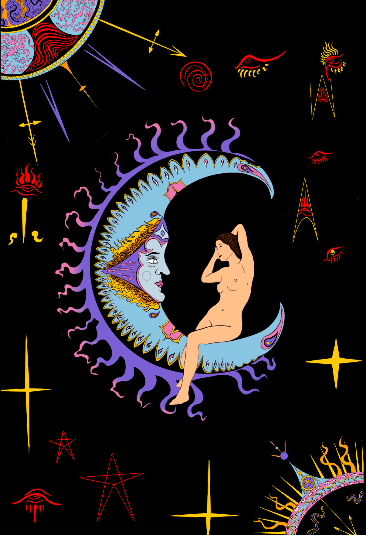 The Moon - Tarot Print - Psychedelic Art Nouveau