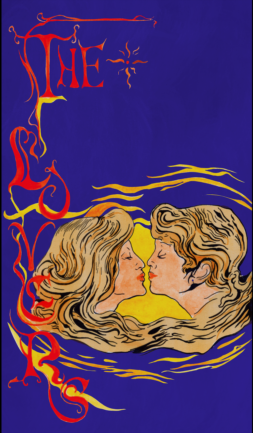 Drawing of a man and woman with closed eyes about to kiss, with flowing hair and a yellow background, against a dark blue background with red and yellow decorative elements and a stylized sun.