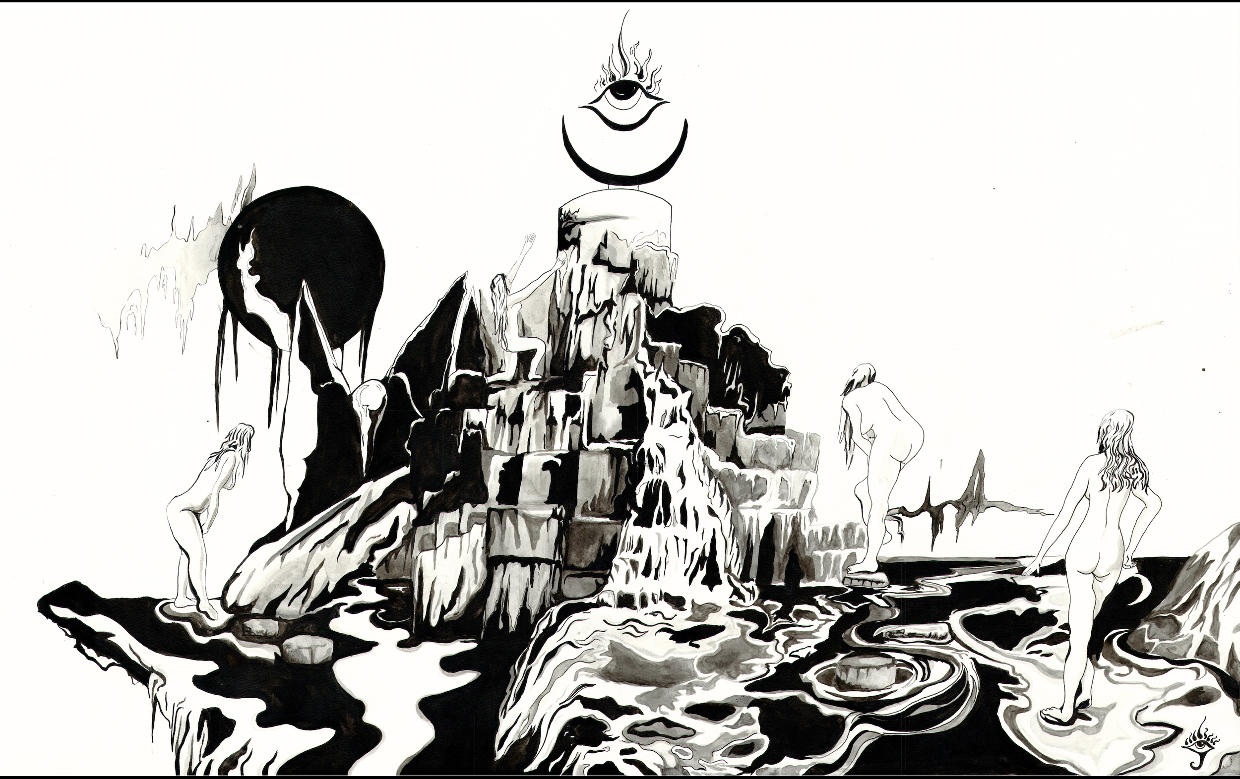 Black and white fantasy illustration of a surreal rocky landscape with four naked figures, a large dark sphere, a tower, and an eye with flames at the top.