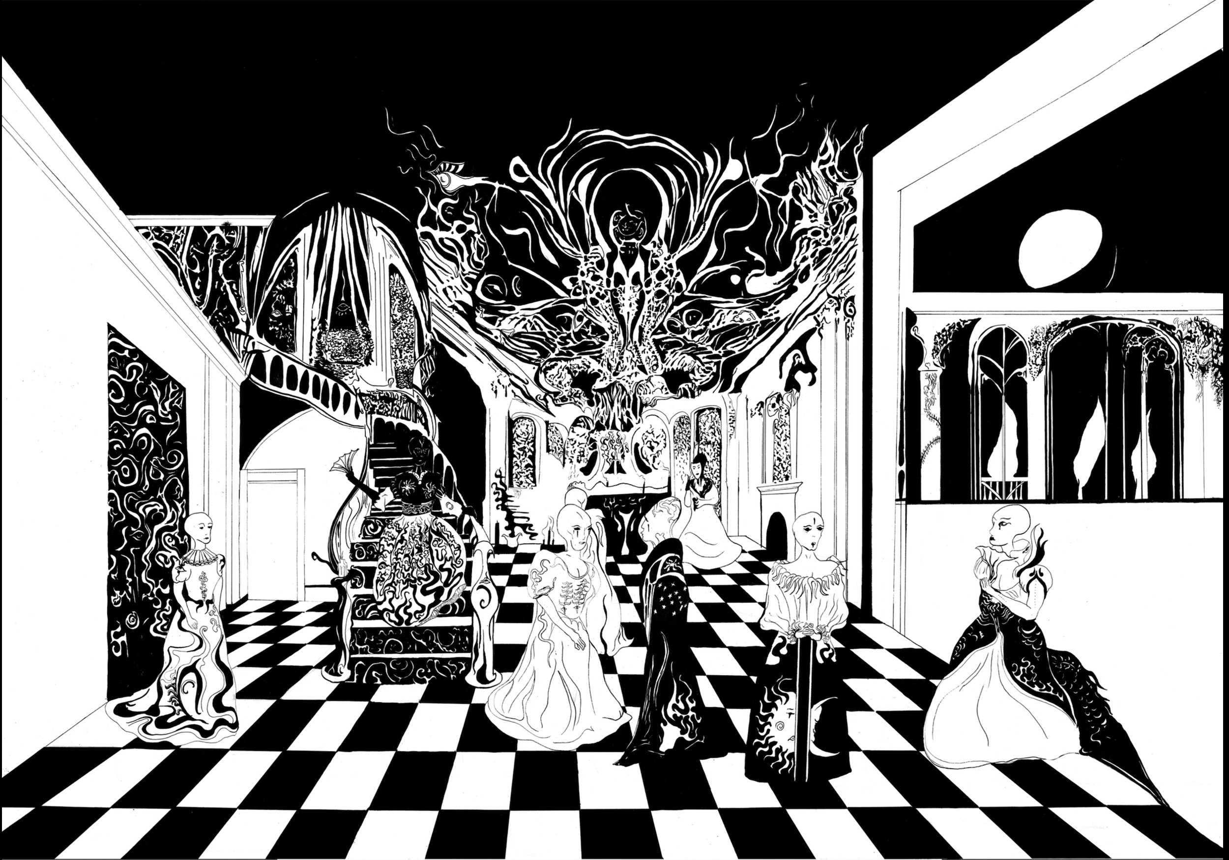 Black and white illustration of a surreal interior with abstract figures resembling humans and animals, ornate architecture, and a patterned floor, with a large, swirling ceiling design.