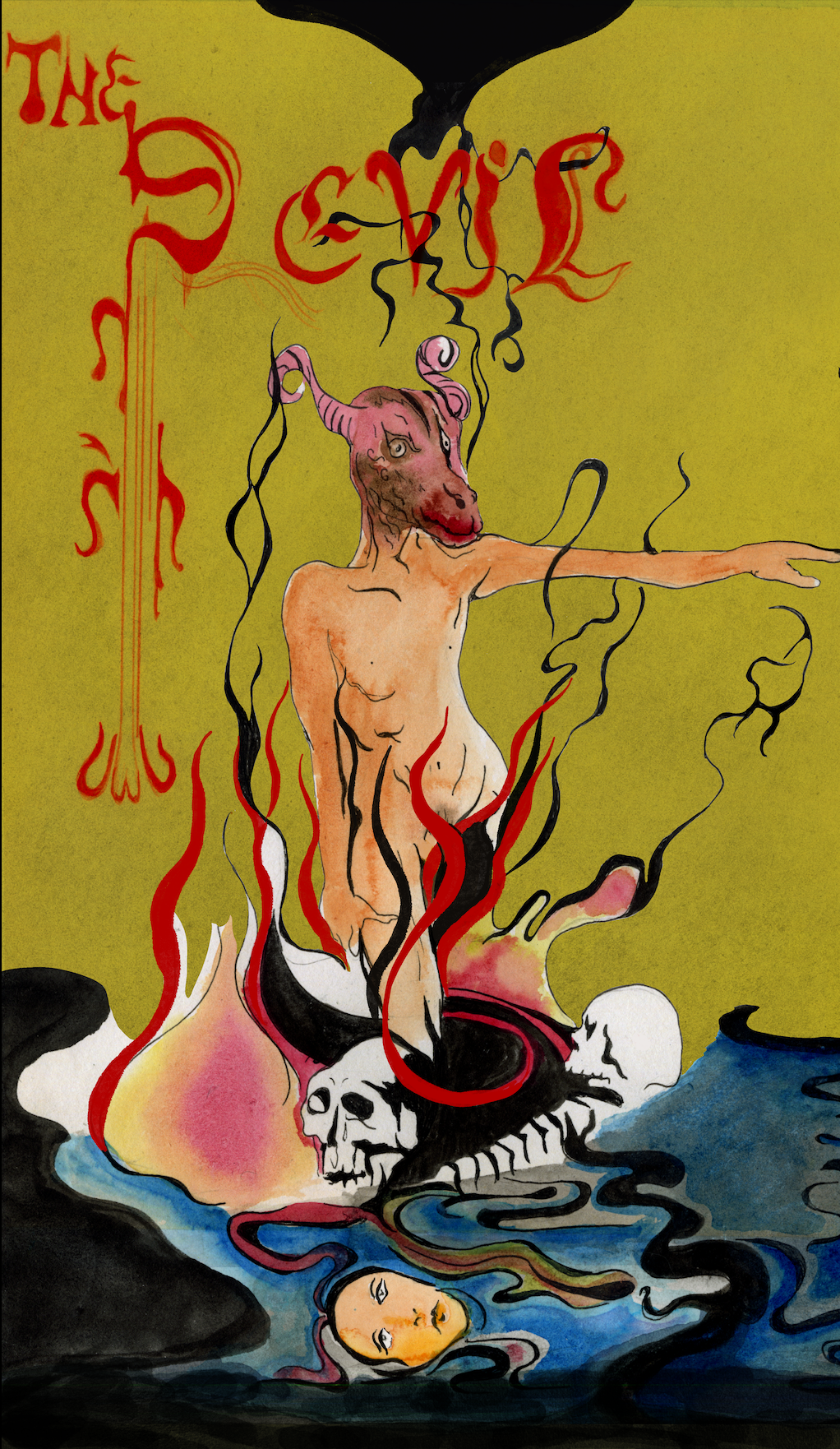A surreal painting depicting a humanoid figure with a dog's head, standing on a pile of skulls and bones, with its arm extended. The figure's head has pink, curled horns, and the background includes flames, black tendrils, and distorted text reading 
