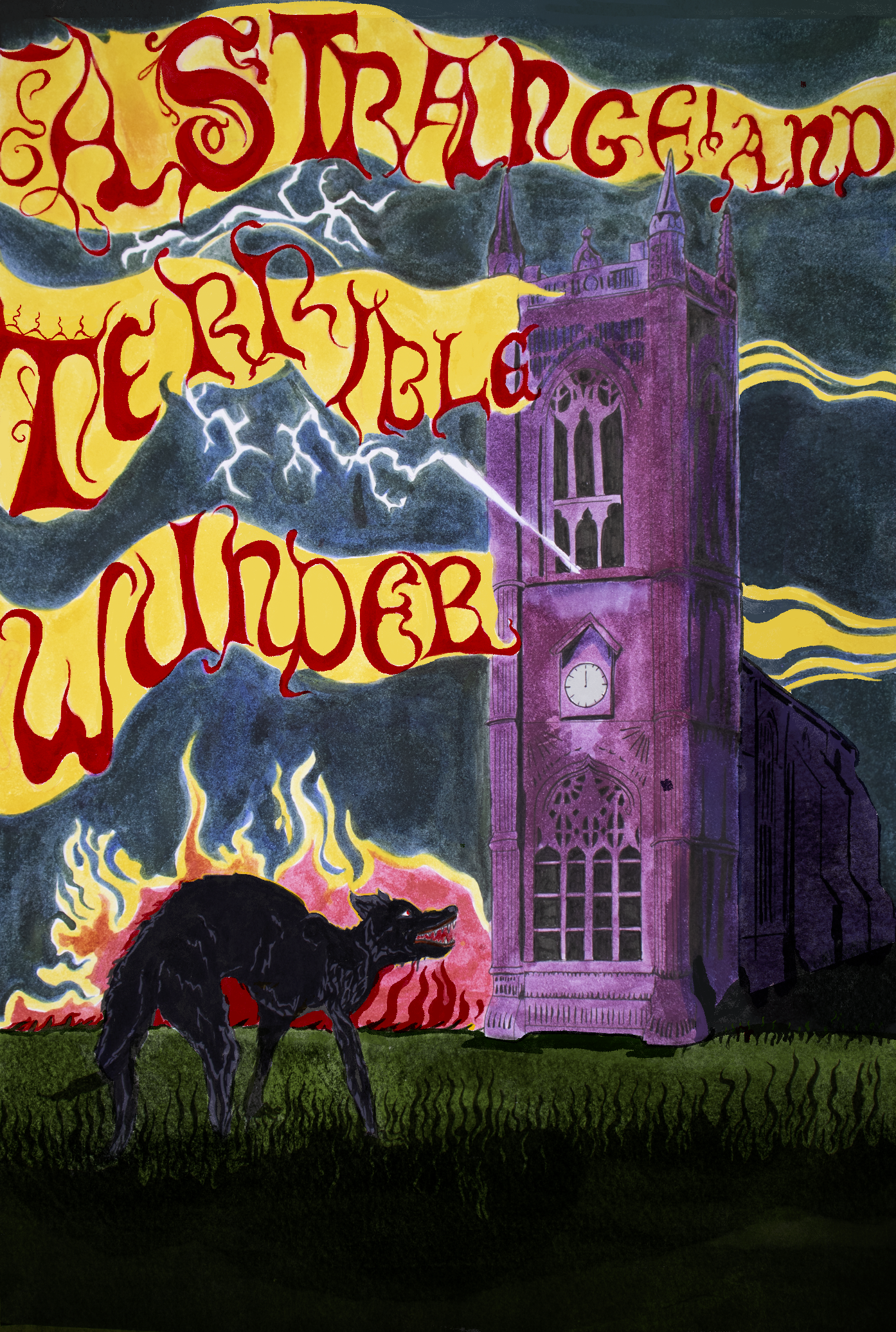 A psychedelic poster illustratingthe legend of Black Shuck, black shuck stands on fire as lightning strikes St Mary's church in Bungay. psychedelic lettering reads A strange and terrible Wunder