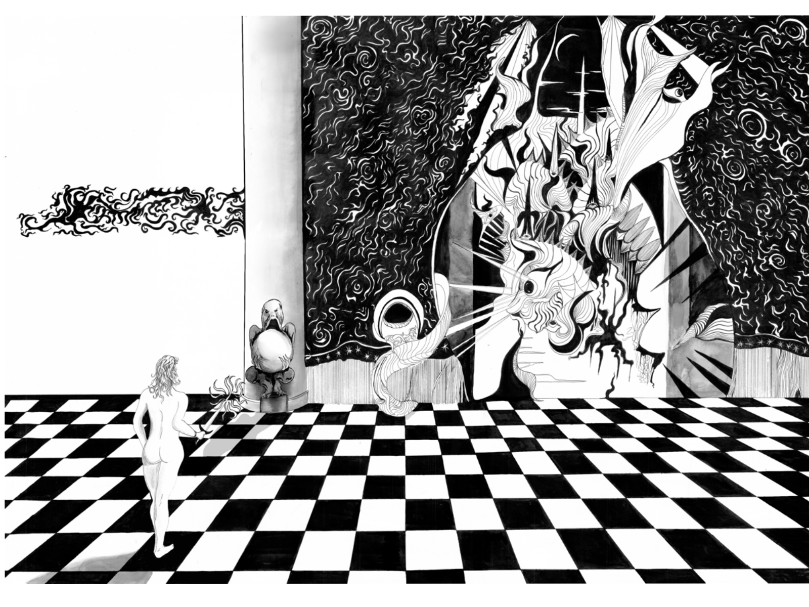 Black and white illustration of a surreal scene with a checkered floor, a woman holding a candle, a figure sitting on a small stool, and a large ornate mural depicting abstract and fantastical elements.