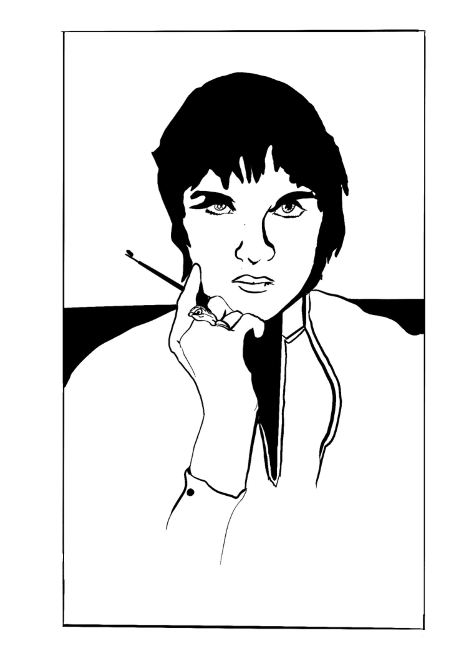 Black and white line drawing of a woman with short hair holding a cigarette, looking directly at the viewer with a serious expression.