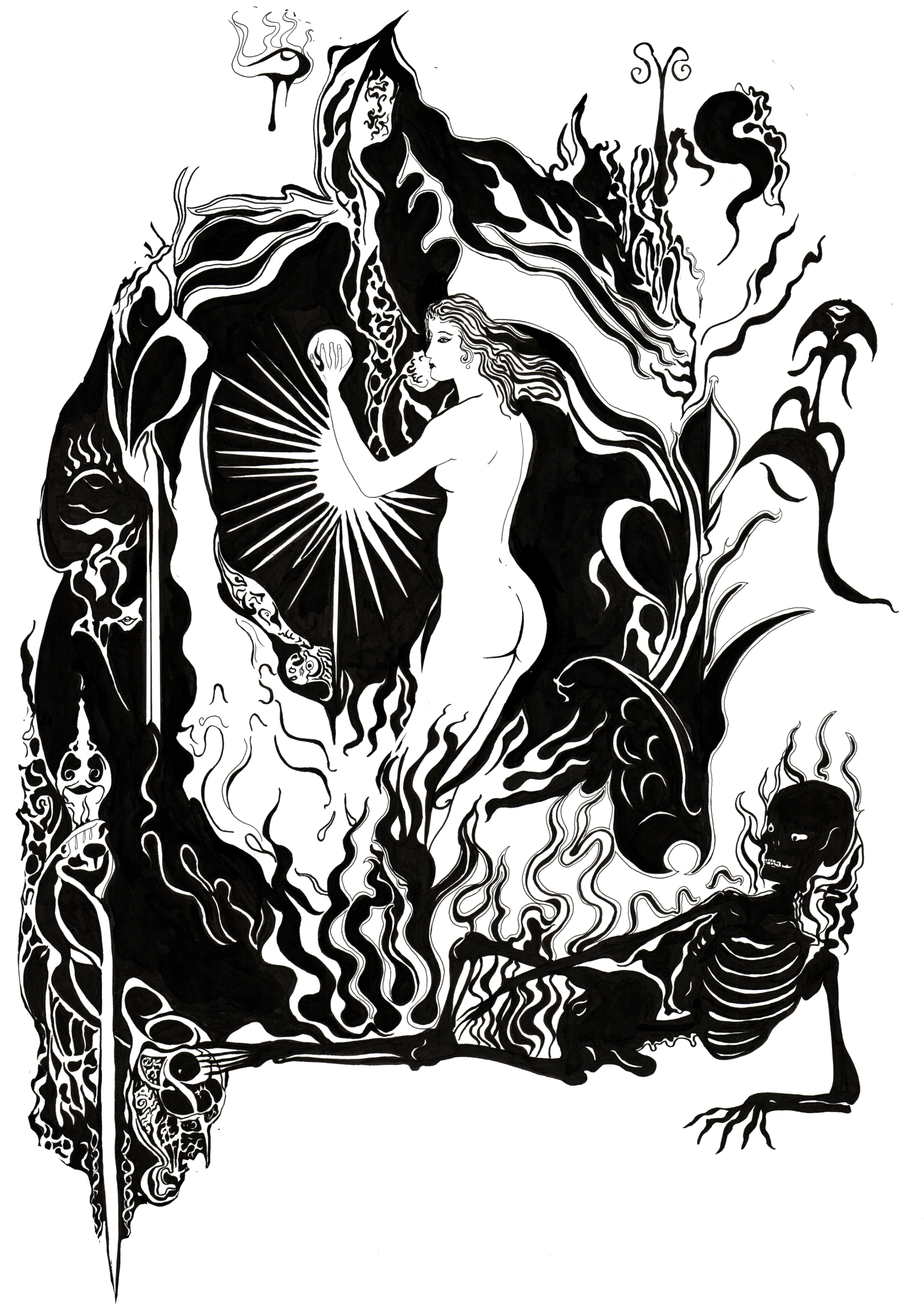 Black and white gothic pen and ink illustration featuring a woman with long flowing hair holding a glowing orb, surrounded by abstract swirling shapes, flames, and a skeleton with a skull and bones.