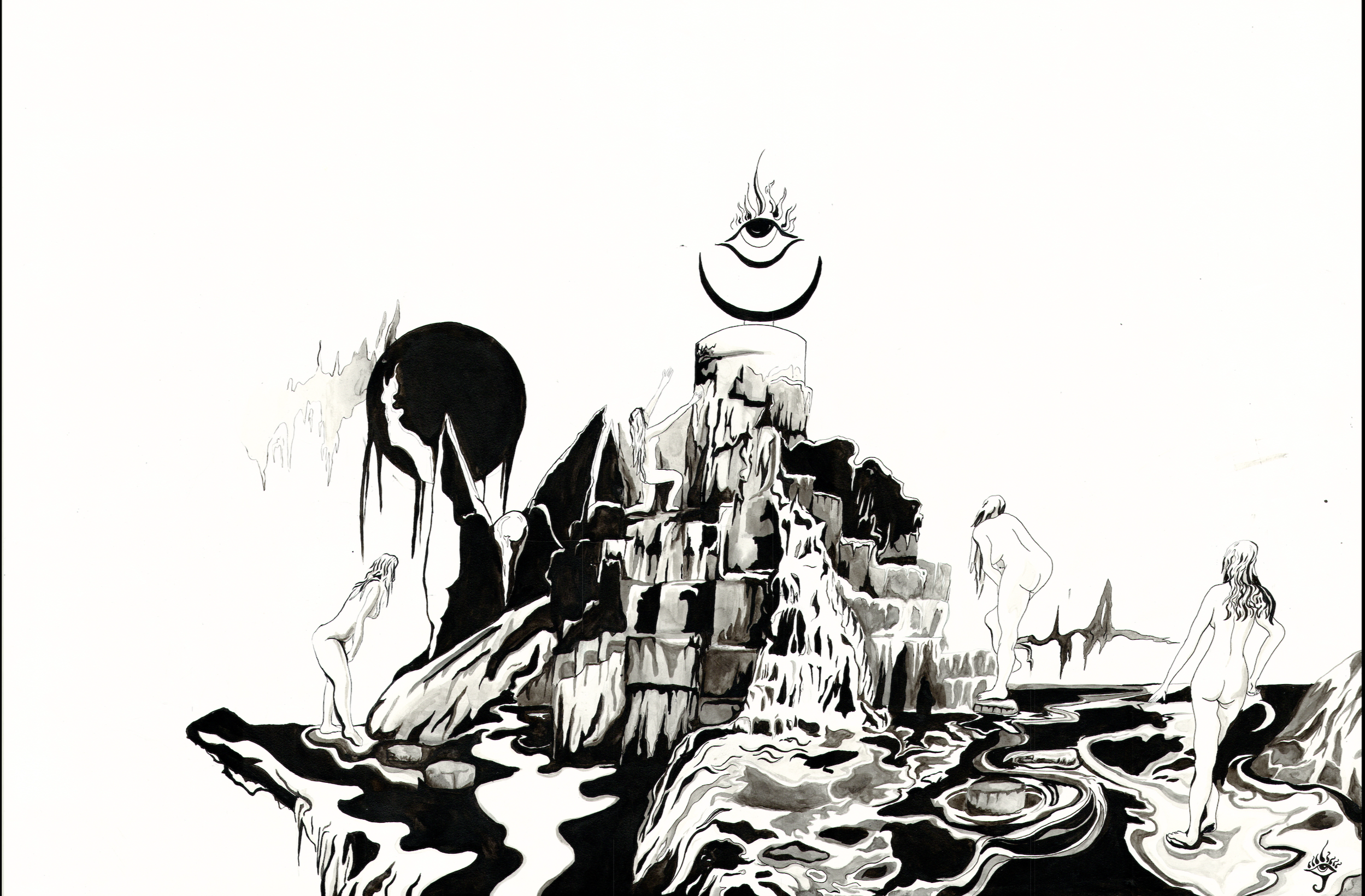 Surreal dreamscape of a fountain, a pool of water and a group of nude figures climbing towards a flaming eye on an altar, gothic pen and ink illustration in black and white with intricate linework