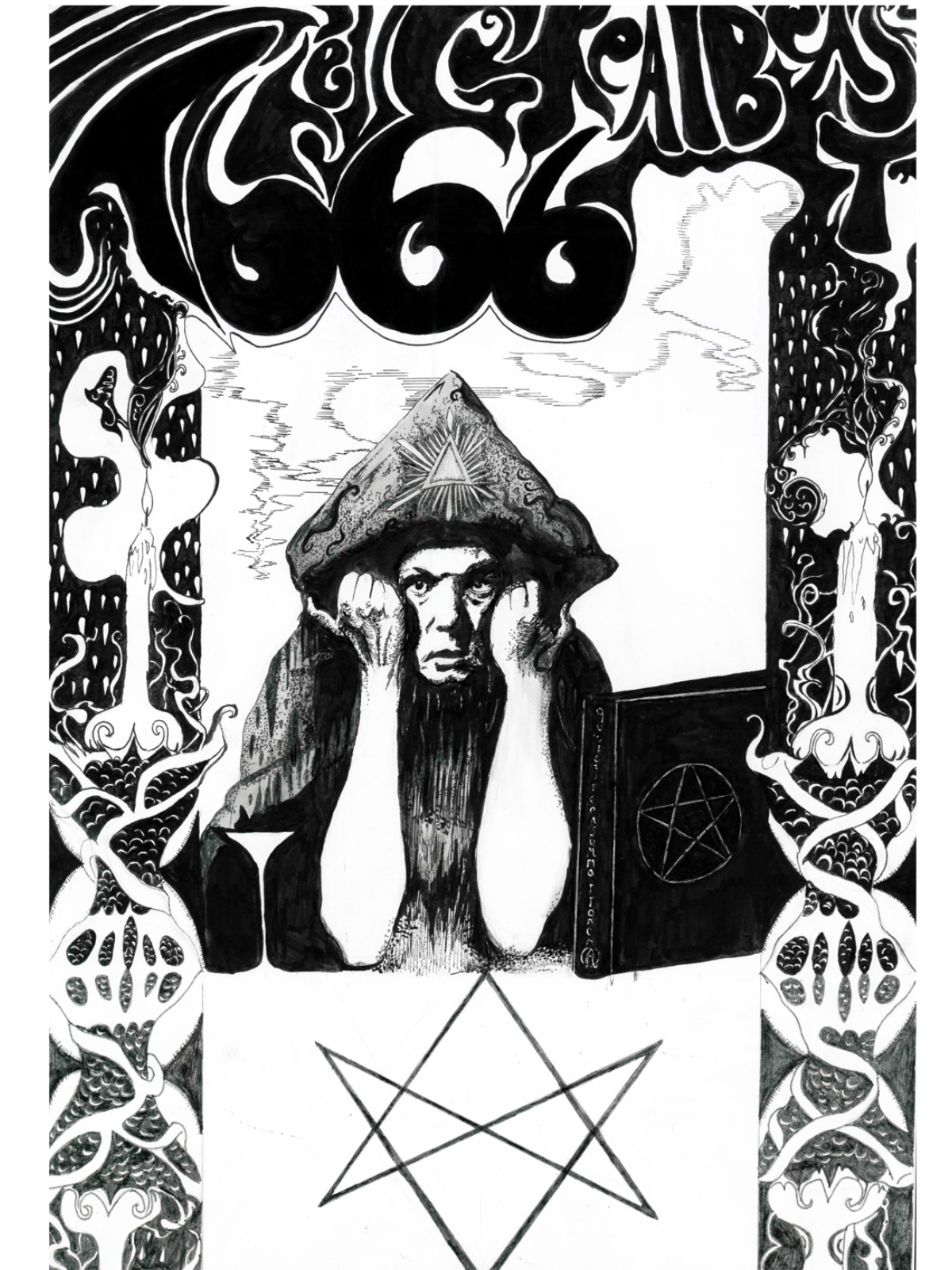 A black and white illustration featuring a man with a pointed hat, holding his head with both hands, and staring intensely. The hat has a triangle symbol, and there is a pentagram on the table in front of him. The image is framed with ornate, symmetr