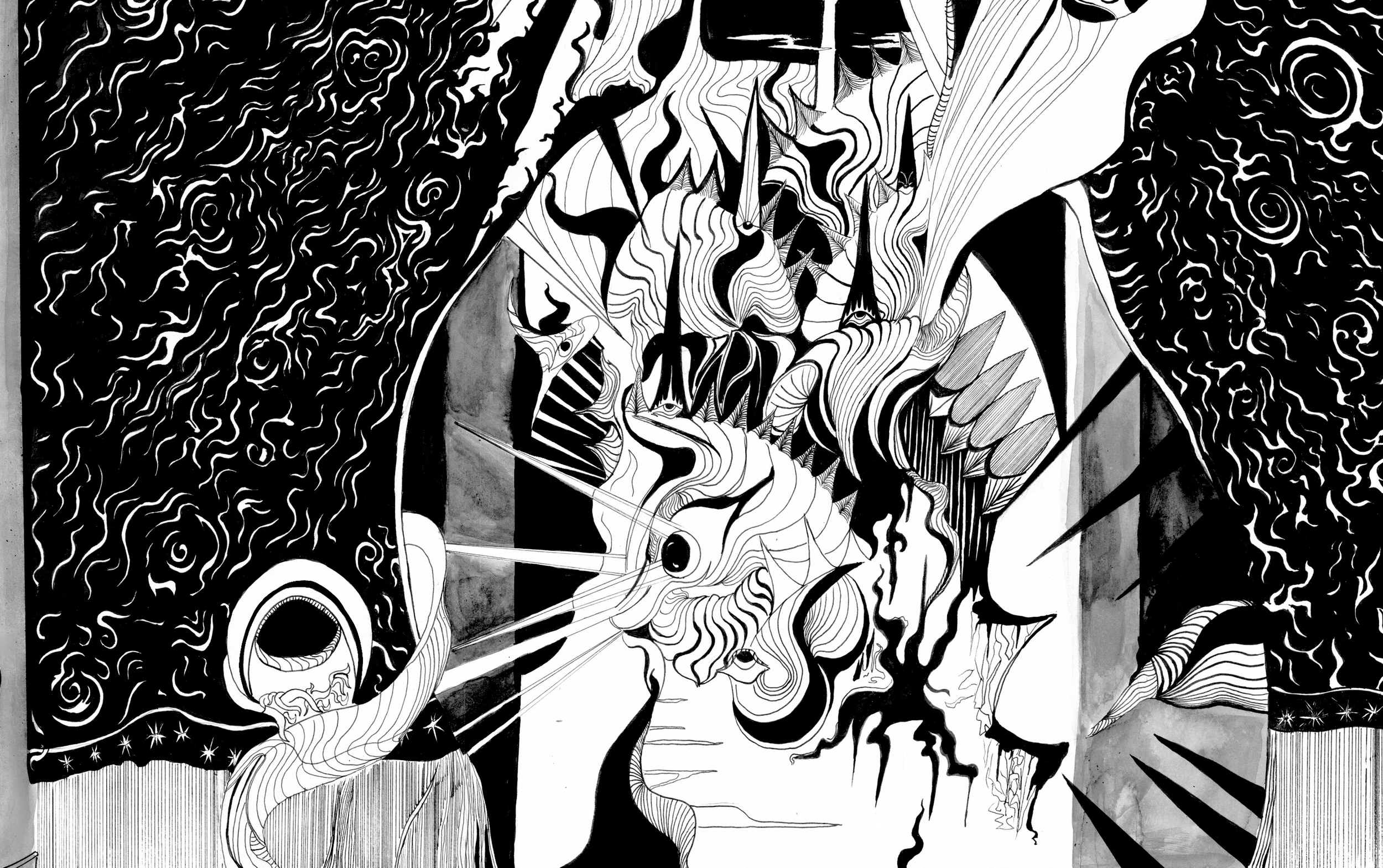 A detail from The Chamber of Psychic Death illustration by Joseph Milne showing swirling eyes and shapes in a psychedelic style drawn in black and white ink.