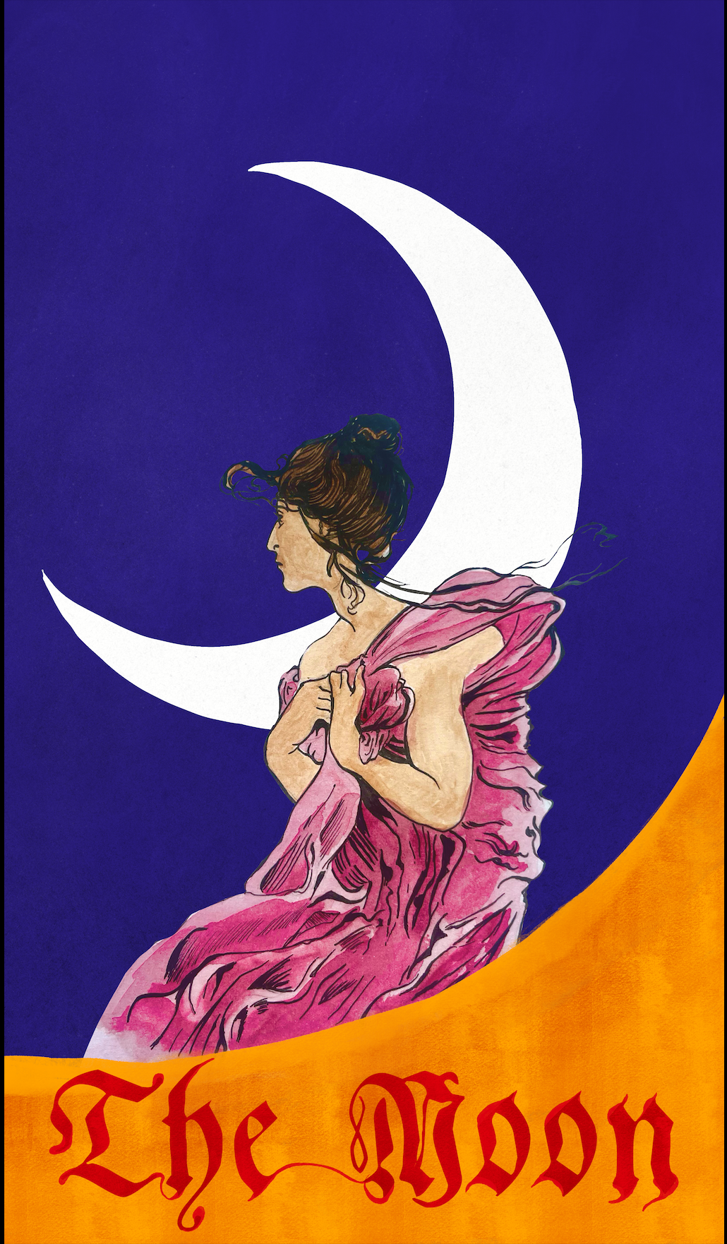 A woman with dark hair in a loose bun, wearing a flowing pink dress, sitting with her eyes closed against a deep blue background. She is positioned in front of a large white crescent moon, with an orange banner at the bottom displaying red Gothic-sty
