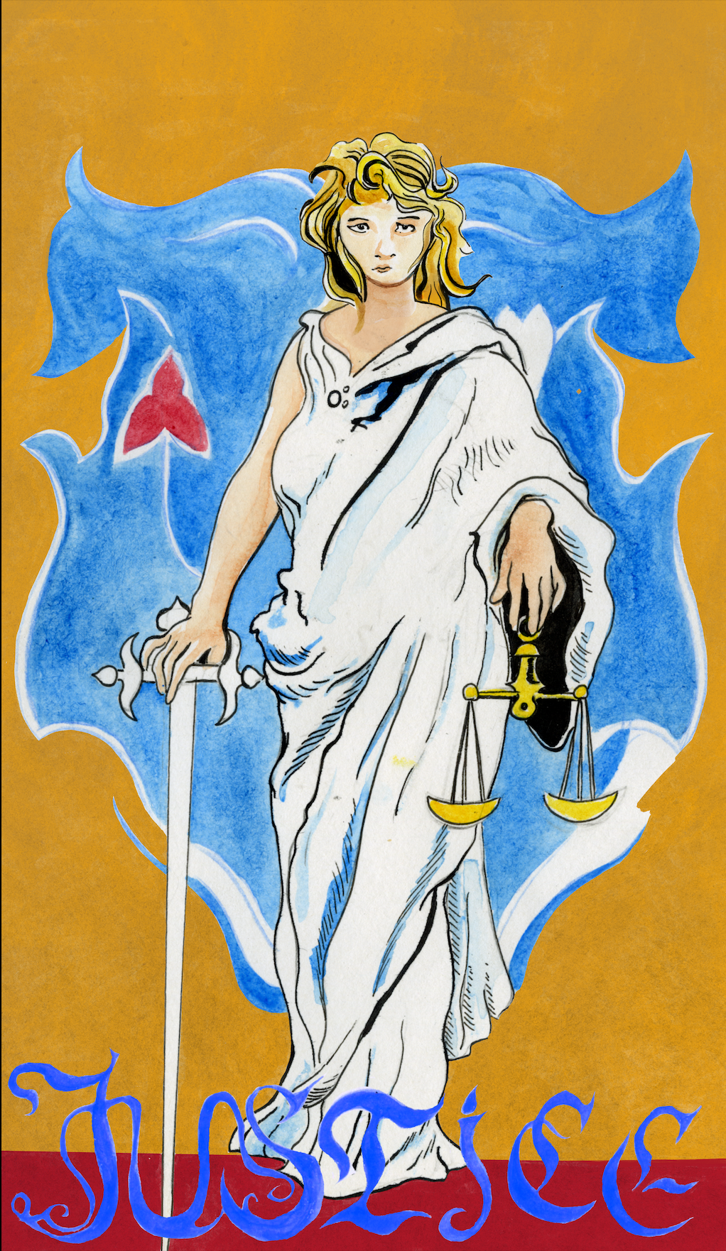 A watercolor illustration of Lady Justice with a blue shield background, holding a sword and scales, with the word 'Justice' written in blue at the bottom.