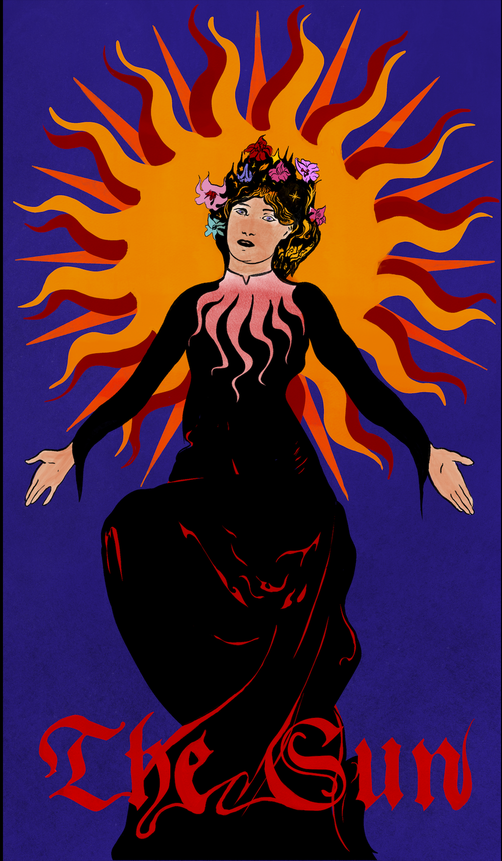 A stylized illustration of a woman with flowers in her hair, arms outstretched, with flames and a sun halo behind her, against a dark blue background, with red gothic-style text reading "The Sun" at the bottom.