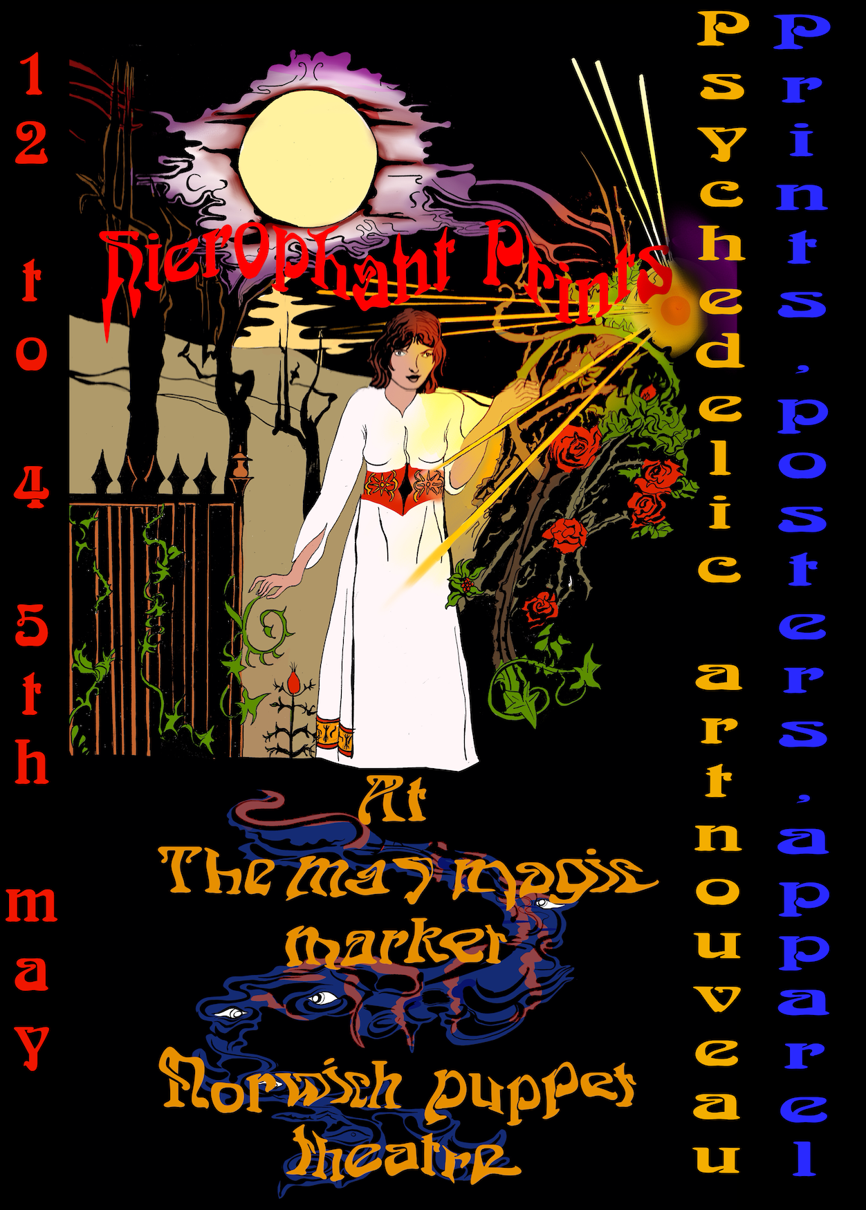 A colorful graphic featuring a woman in a white dress with red and orange details, standing outdoors near a black gate and trees. The background has a large moon and purple clouds. The image is decorated with various words and phrases in bright color