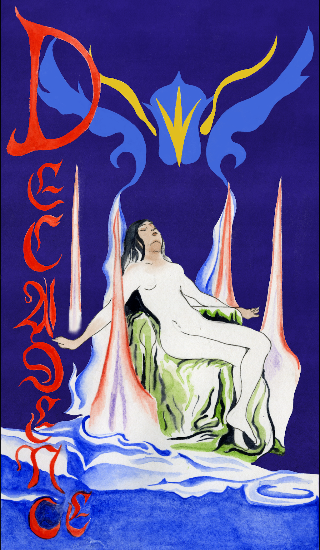 A watercolor painting of a nude woman with long dark hair, seated on a green and black cloth, with her eyes closed and arms outstretched. She is surrounded by blood-red, flame-like shapes, with a blue butterfly-like creature and a yellow and blue dra