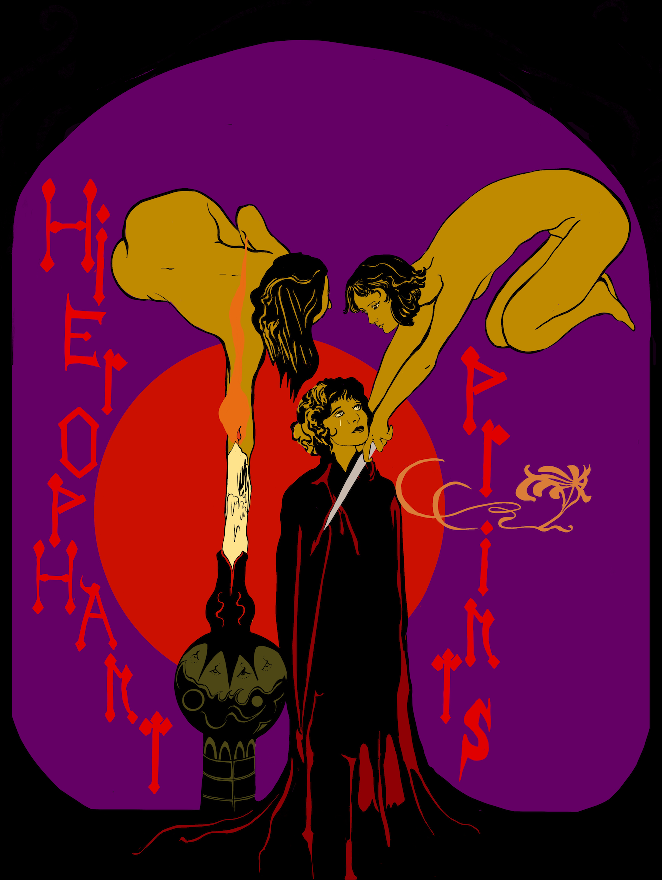 Illustration of a woman in a black cloak with red details, holding a sword and standing in front of a large red sun. Two semi-naked women with dark hair hover above her, reaching down. Philosophical symbols and text surround the scene, including a sk