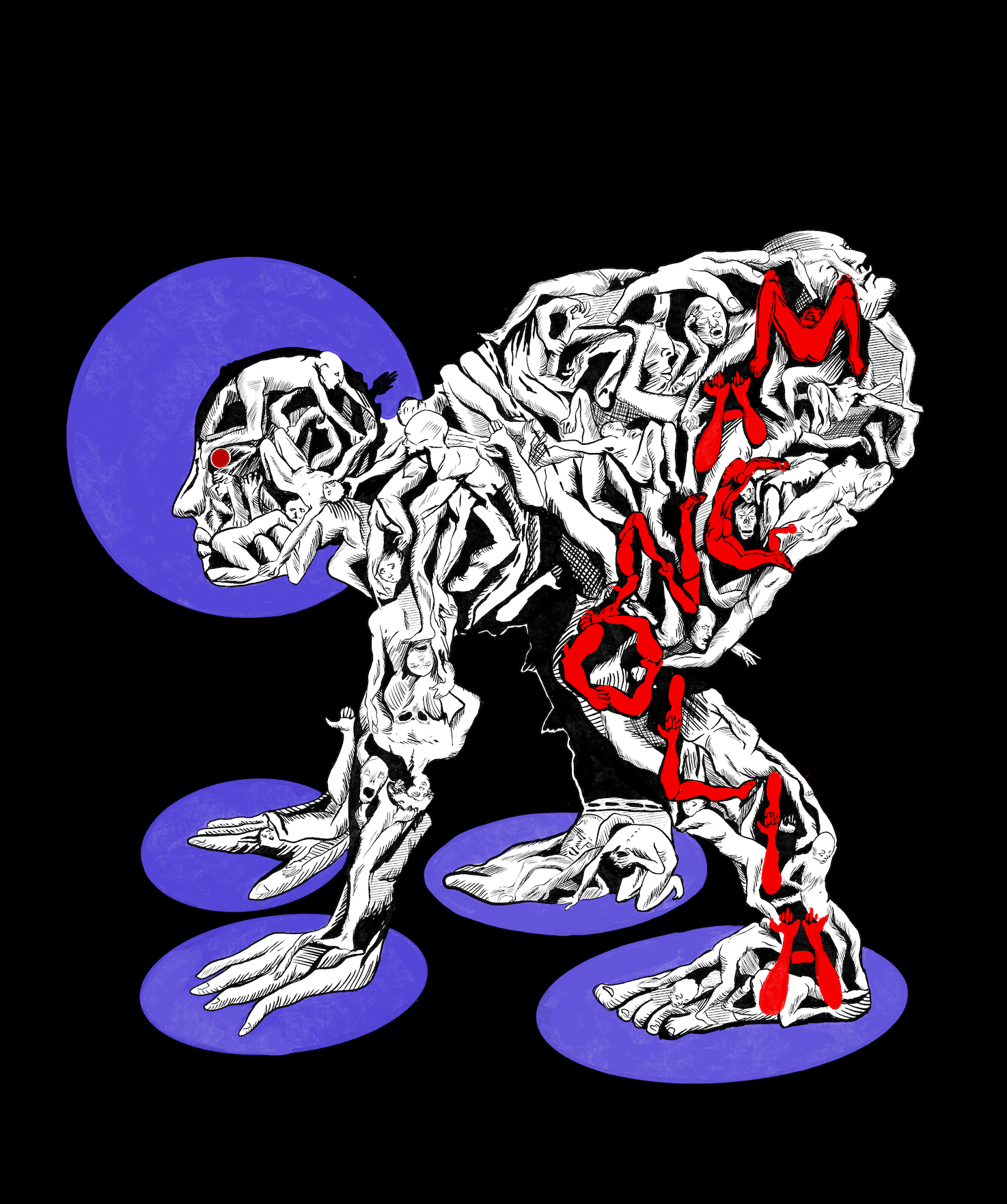 A surreal artwork of a humanoid figure composed of intertwined human bodies and faces, with red blood-like streaks spelling out the word "NO" on the right side, set against a black background with purple ovals.