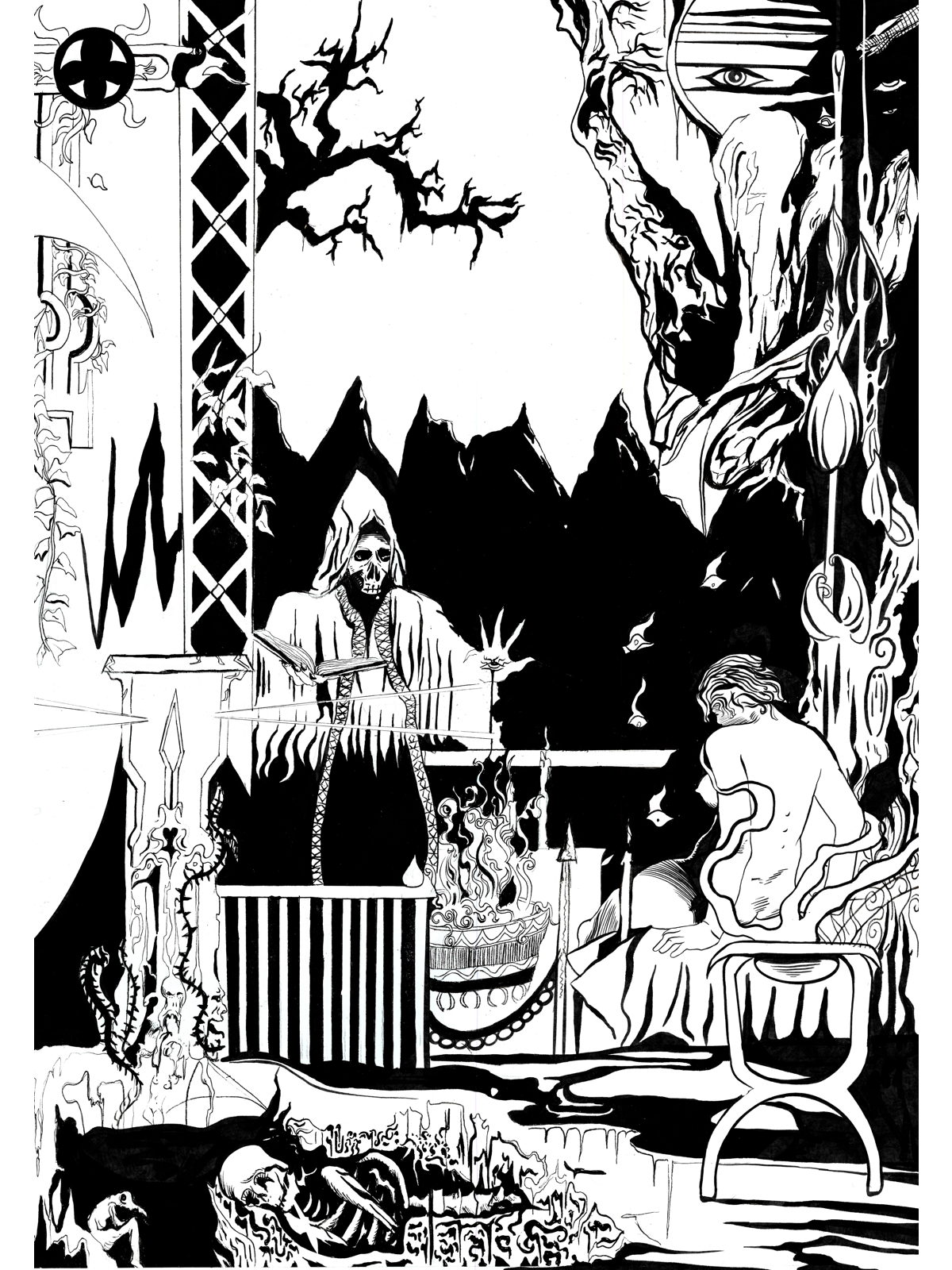 Black and white illustration depicting a haunted or supernatural scene with a skeleton figure dressed in a hooded cloak holding a book, a nude figure with long hair sitting on a throne-like structure, a large face emerging from a tree, mountains in t