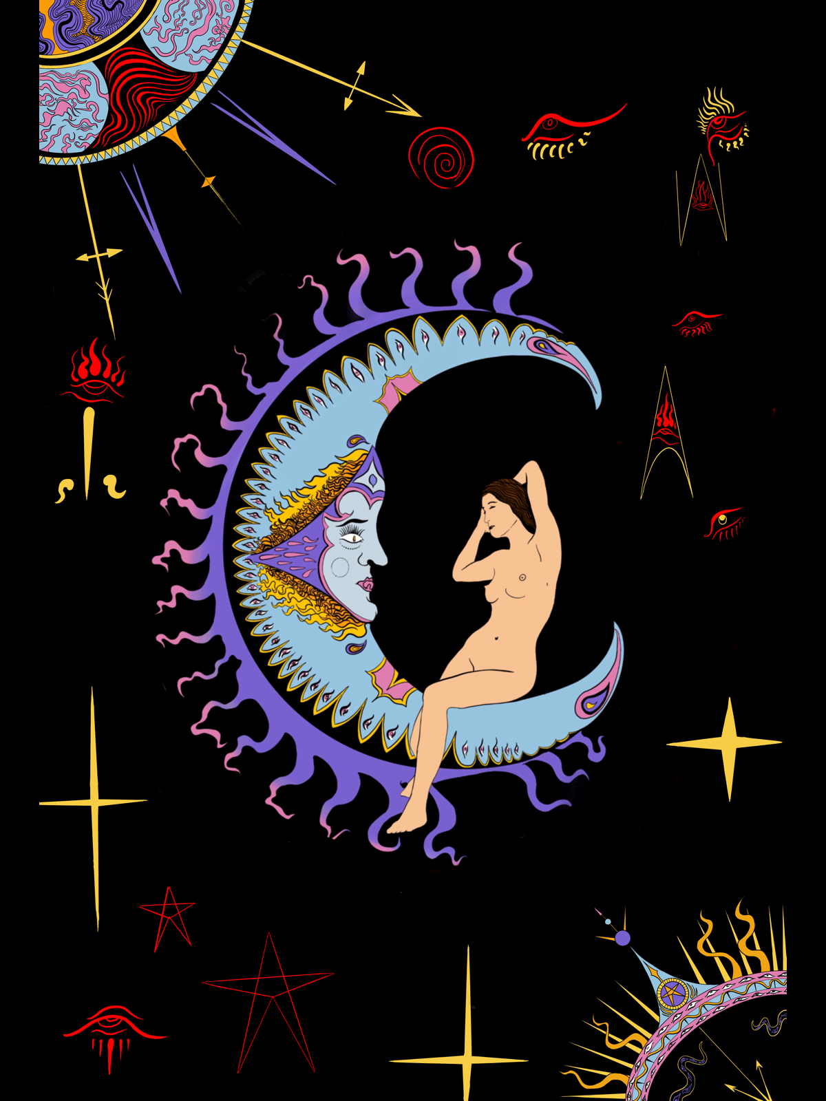 A surreal digital illustration featuring a woman sitting on a crescent medieval moon with a face, surrounded by stars, eyes, and abstract cosmic elements against a black background.