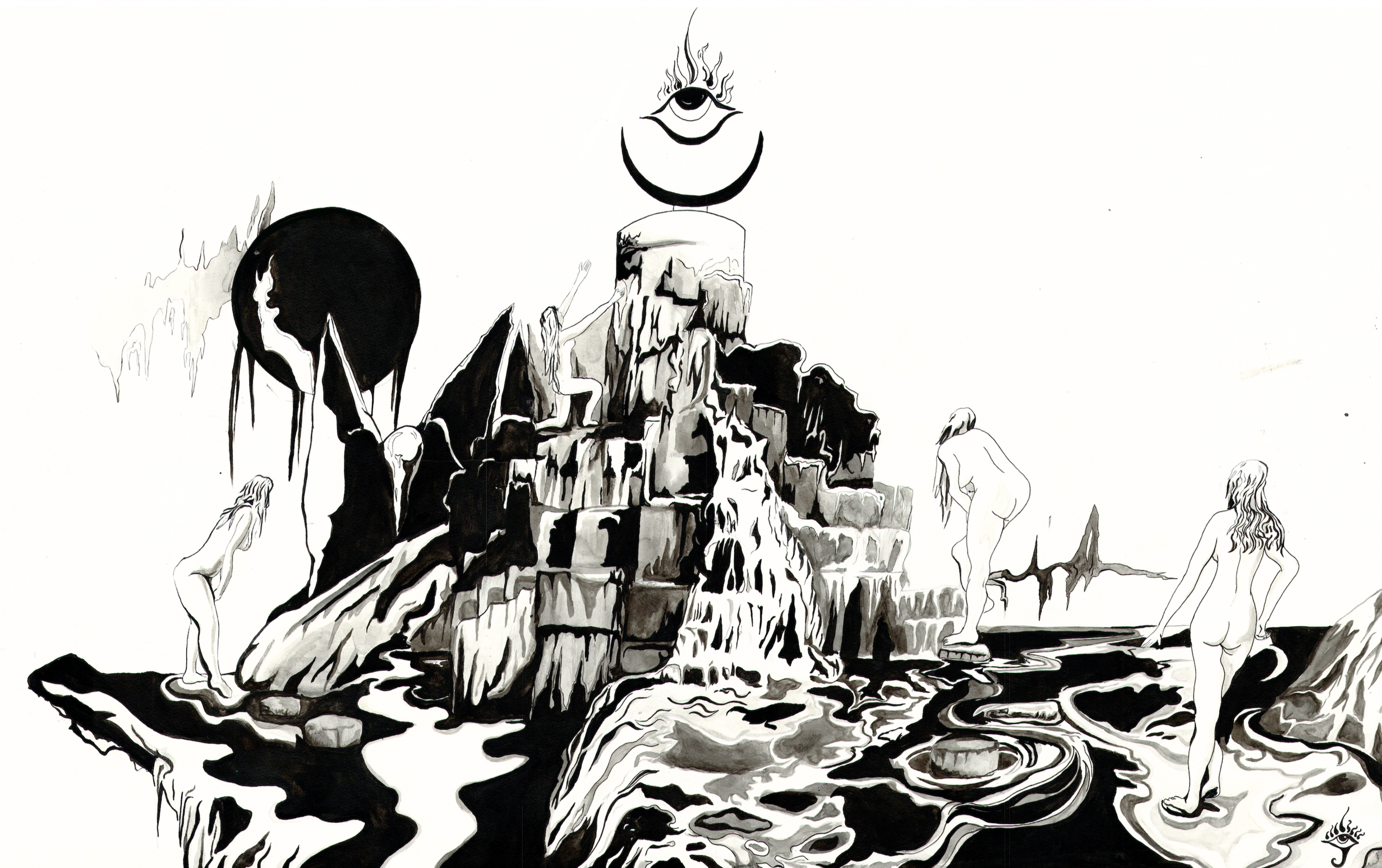 Black and white illustration of a surreal landscape with a tall, jagged rock formation, a large eye with flames above it on top of the rock, and multiple nude figures with long hair, some standing and some with their hands on the ground, around water and rocky terrain.