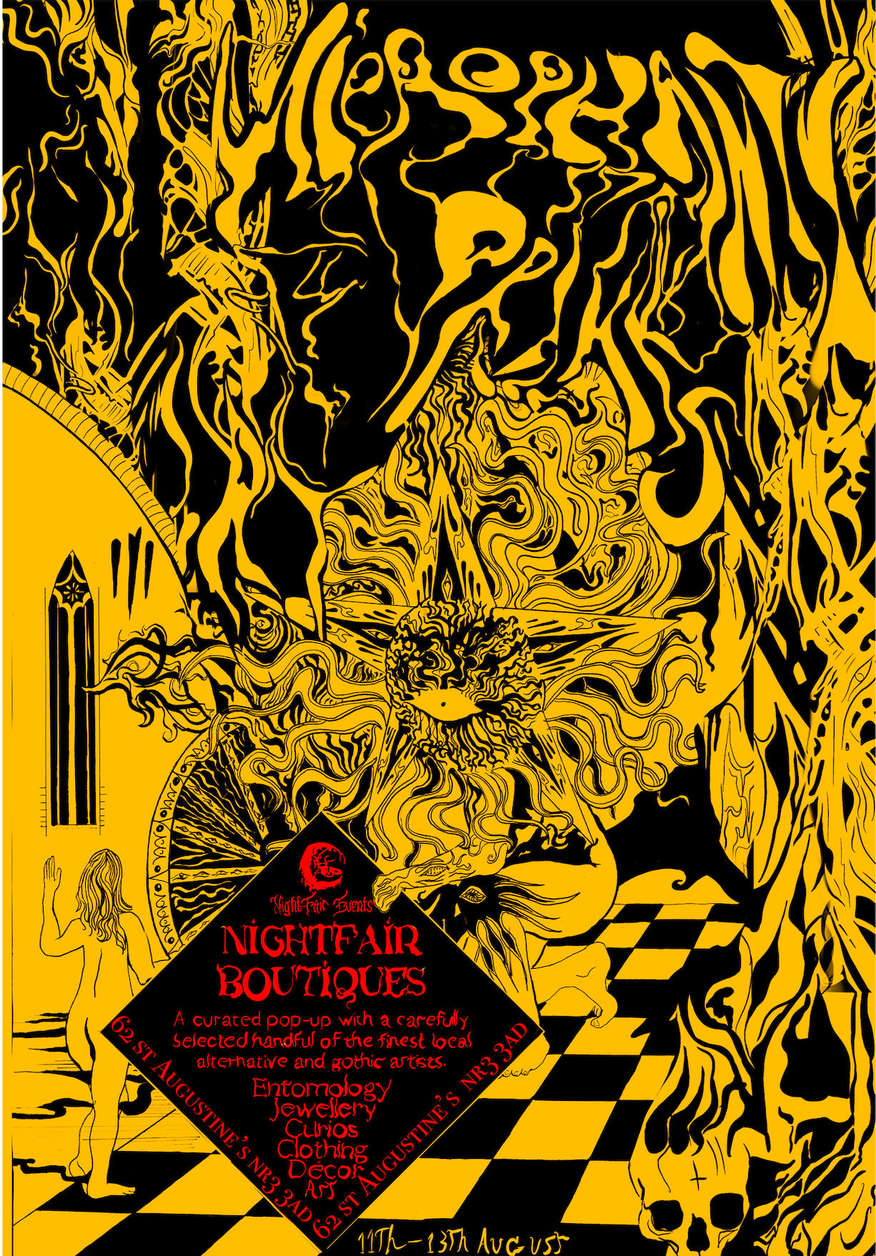 A promotional poster for Nightfair Events featuring art in yellow and black with abstract and gothic imagery, including a figure of a woman, a dragon, and a chalkboard list of attractions like jewelry, curios, clothing, and decor. Text includes event