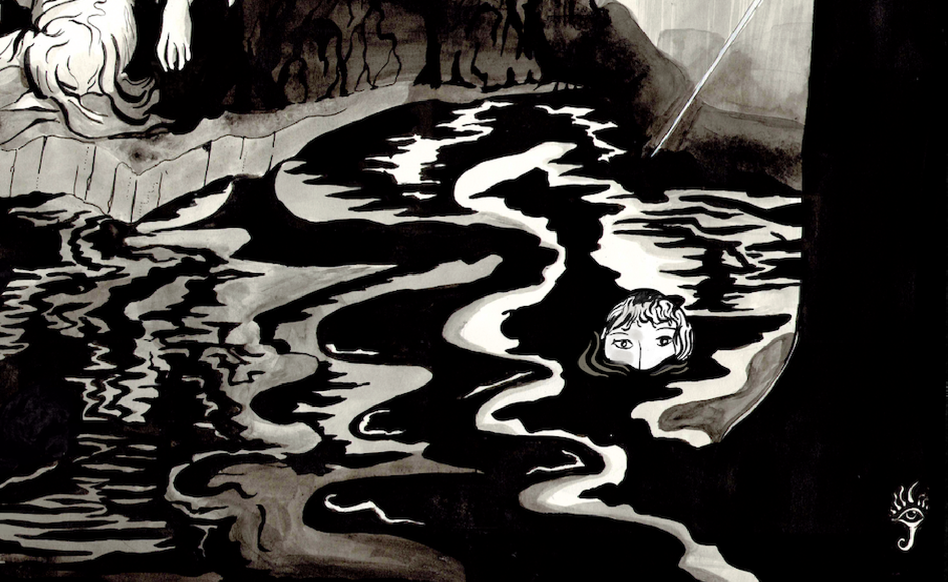 A detail from The Forest of Dreams Illustration by Joseph Milne showing a black and white psychedelic pool of water drawn in ink.