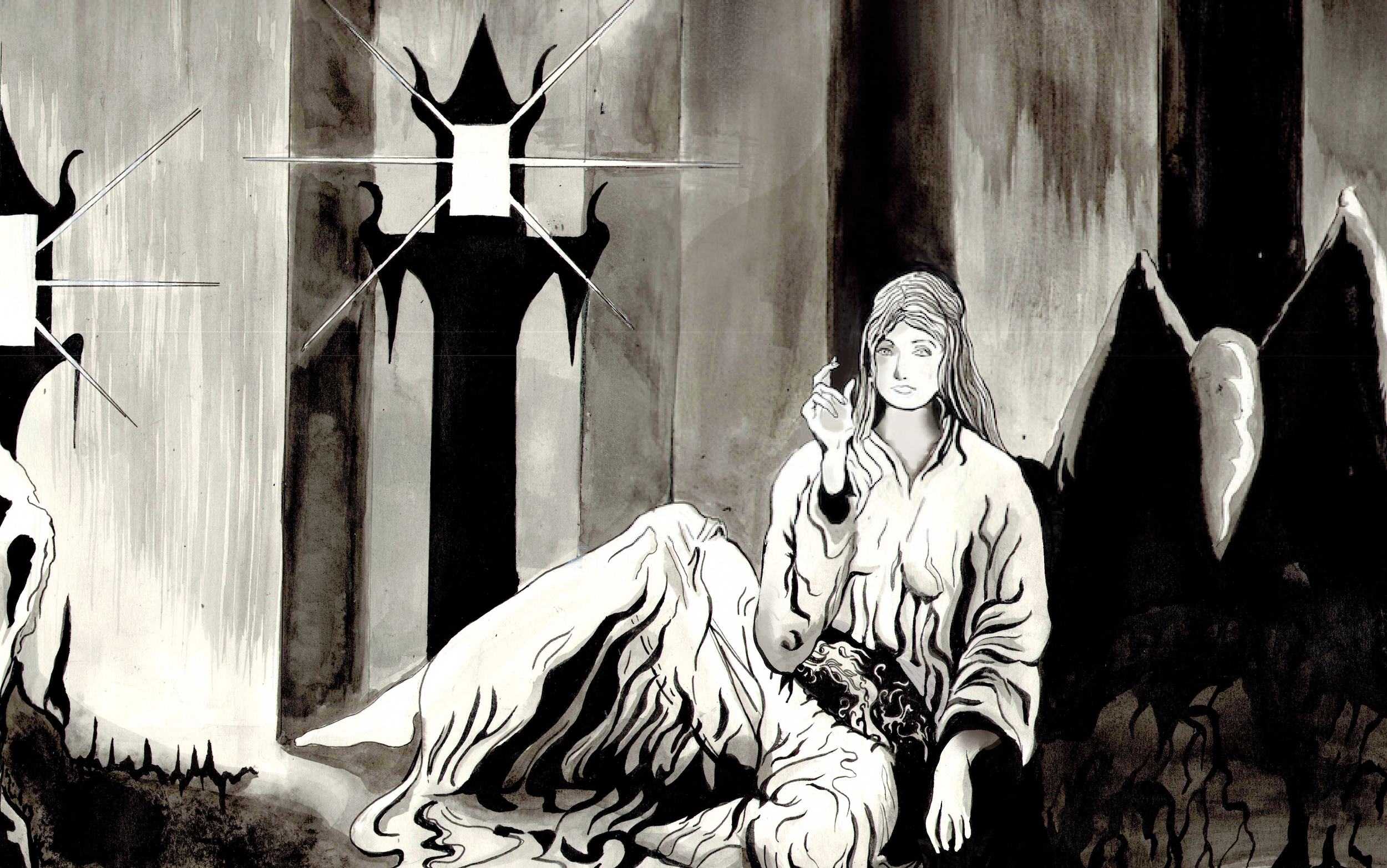 A detail from The Forest of Dreams illustration by Joseph Milne featuring a woman looking into a pool drawn in black and white pen and ink.