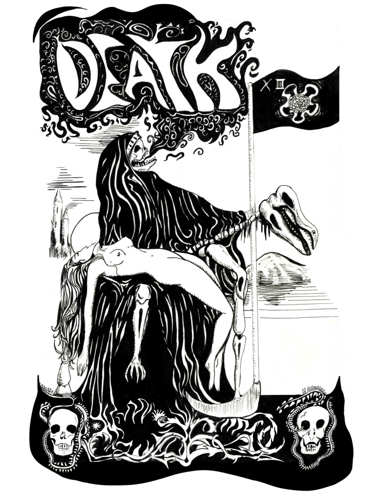 Dark Fantasy, pen and ink, black and white illustration of a horse carrying a skeletal rider holding a flag with a skull emblem. The rider has long hair and an open mouth. Skull motifs and swirling designs are at the bottom and sides of the image.