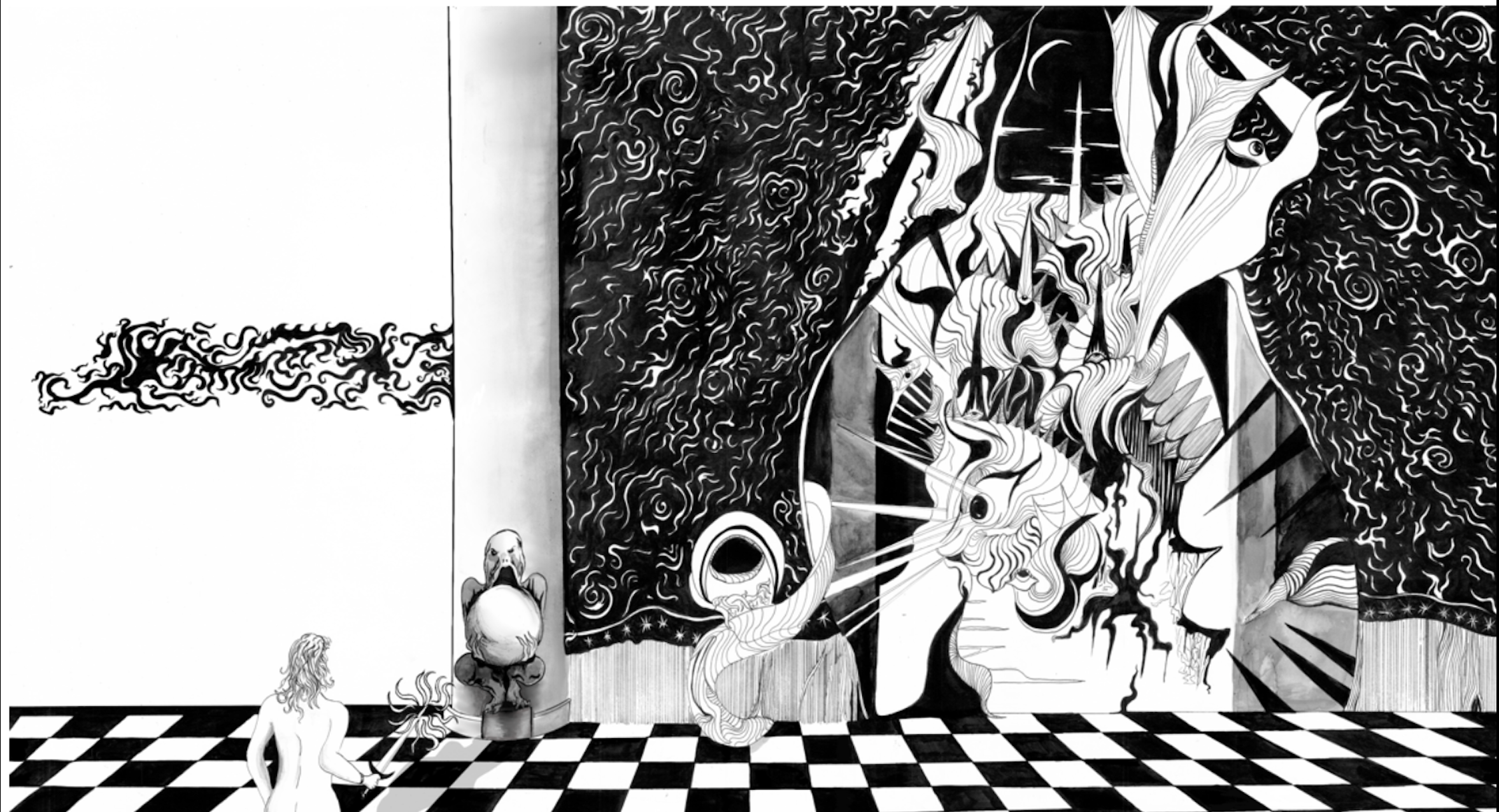 Black and white pen and ink illustration of abstract swirling patterns and figures, with a checkered floor in the foreground and small human figures nearby, inspired by weird fiction and fantasy art.
