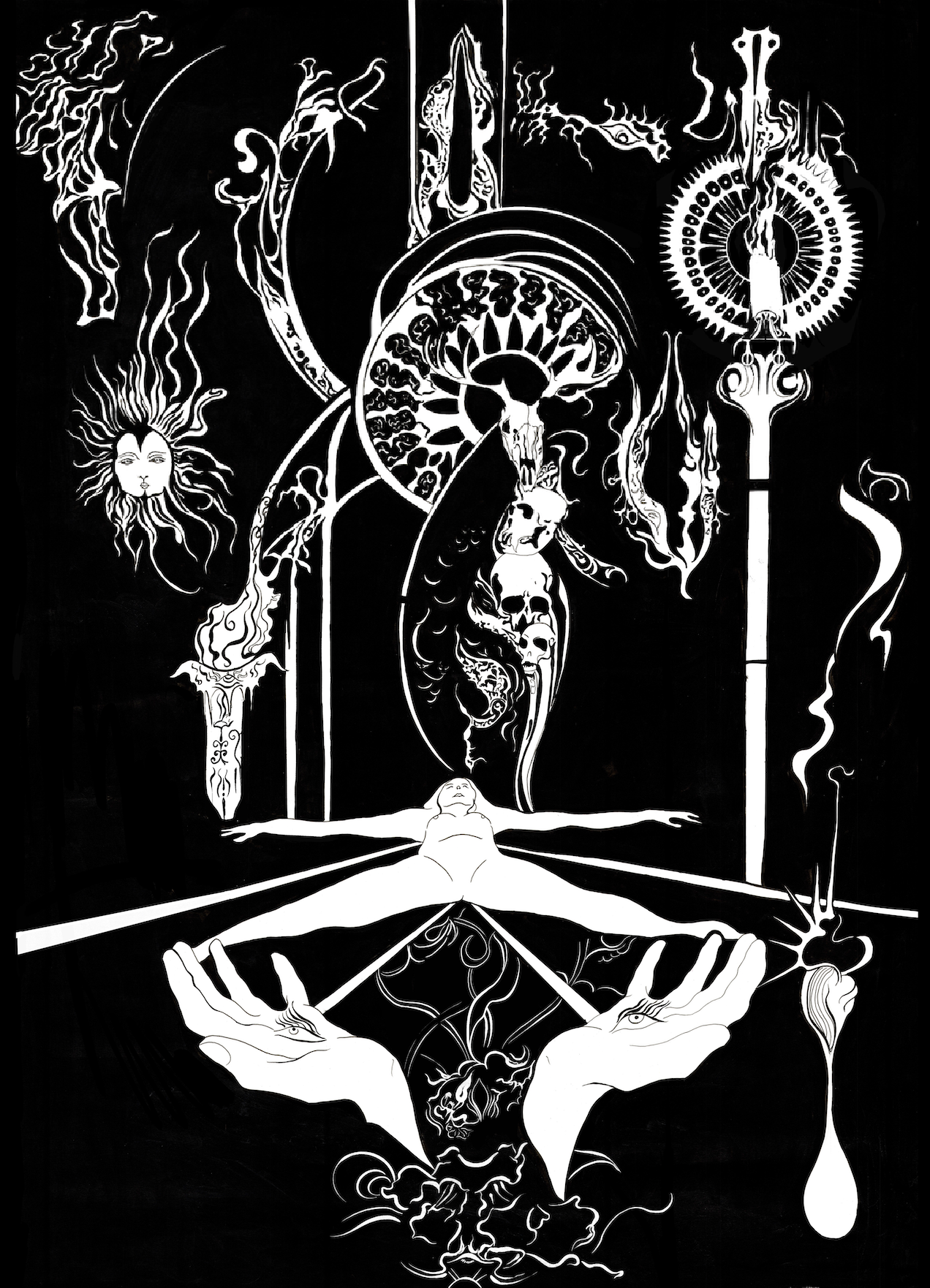 Black and white artwork depicting a figure with outstretched arms, surrounded by flames, skulls, and abstract shapes, with a large eye and a candle on a scepter in the background, and hands at the bottom holding geometric lines.