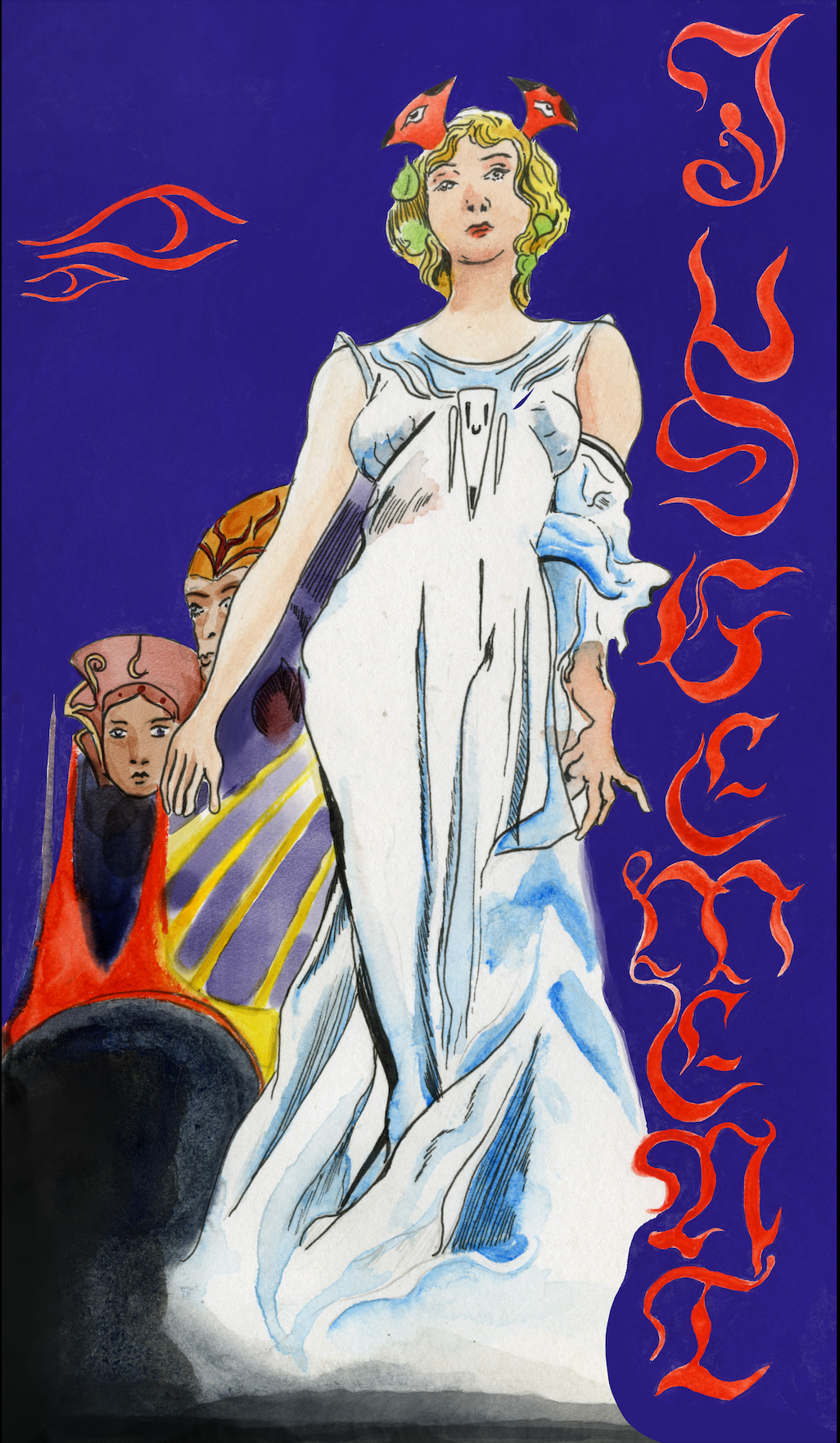 A classical style illustration featuring three mythological or fantasy women with elaborate clothing and accessories, against a deep purple background with swirling red text.