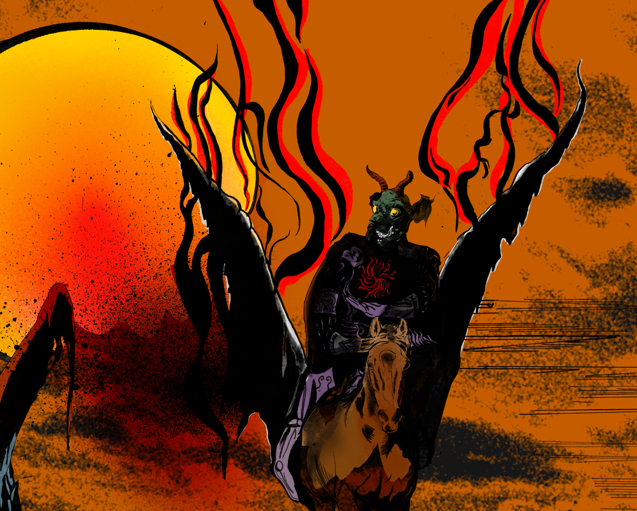 Detail from Loves Forbidden Domain art print featuring a demonic flying horse rider against a yellow sun in a dark fantasy style