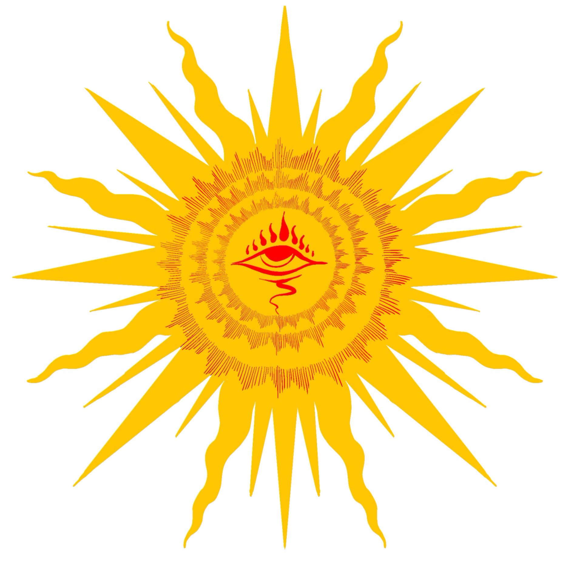A digital illustration of a yellow, stylized sun with elongated, wavy rays and a central eye symbol in red and yellow, against a white background.