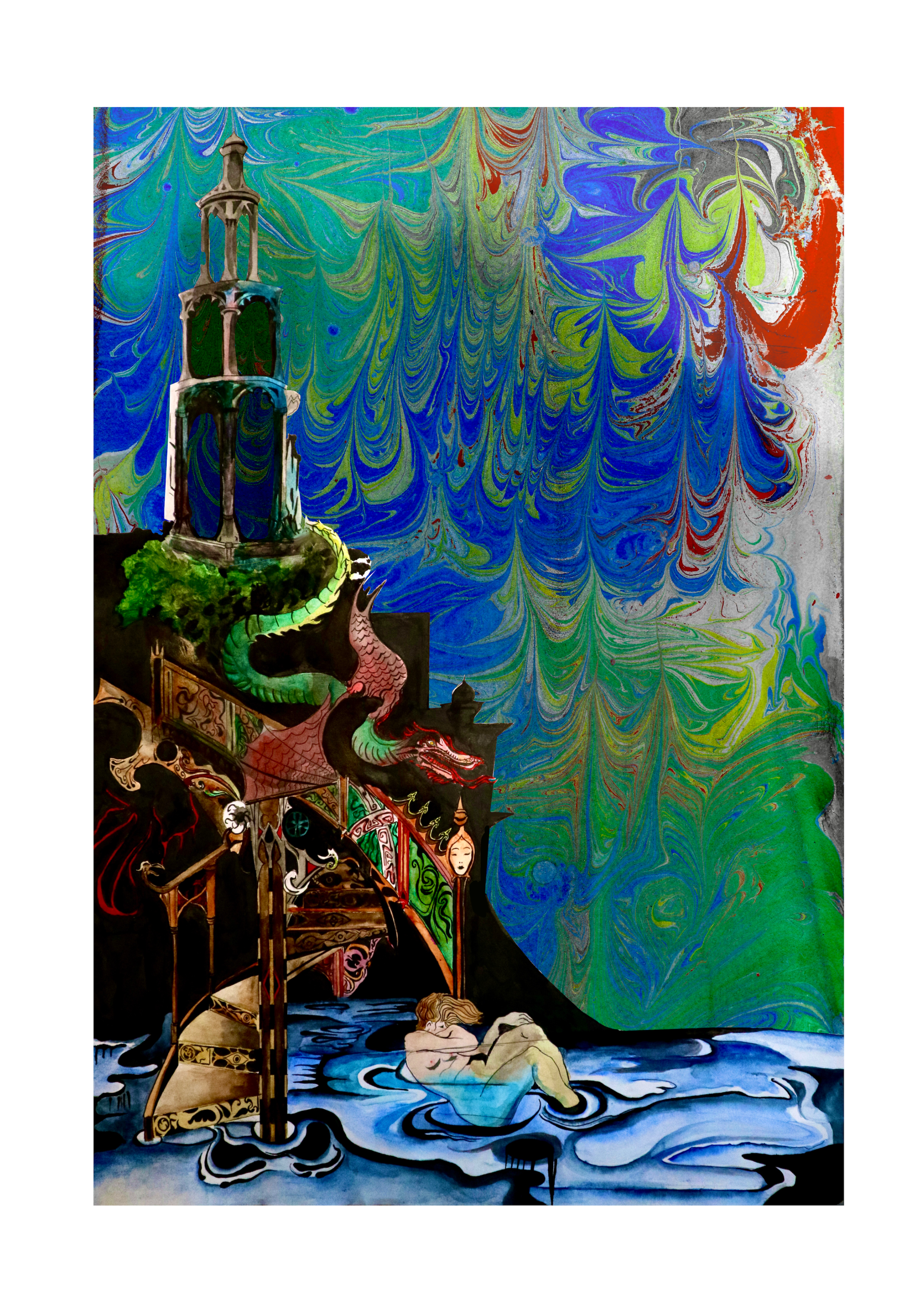A colorful watercolour fantasy art painting depicting a woman with long hair lying on her side in a pool of water, surrounded by swirling vibrant colors and abstract shapes, with a tall tower and a dragon emerging from the water.
