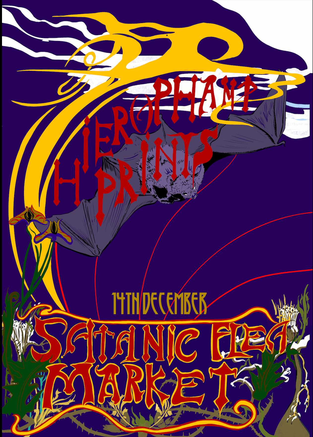 A poster design for the band Santana ELP at the Saturnic Fest, dated December 14th. It features a dark purple background with abstract yellow and white swirling shapes, a bat illustration, and stylized red and yellow text.