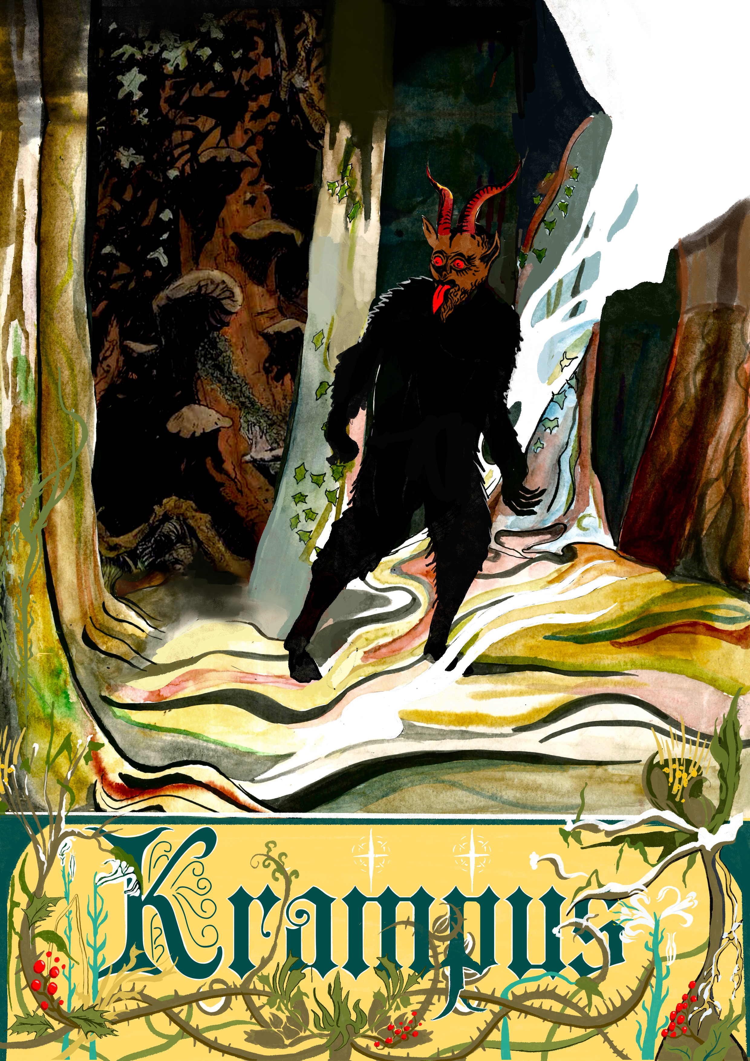 Gothic-style illustration featuring a sinister creature with red eyes, horns, and a beard, standing in a dark, eerie forest scene surrounded by twisted branches, ivy, and a waterfall. The lower part of the image has decorative text with a Gothic font