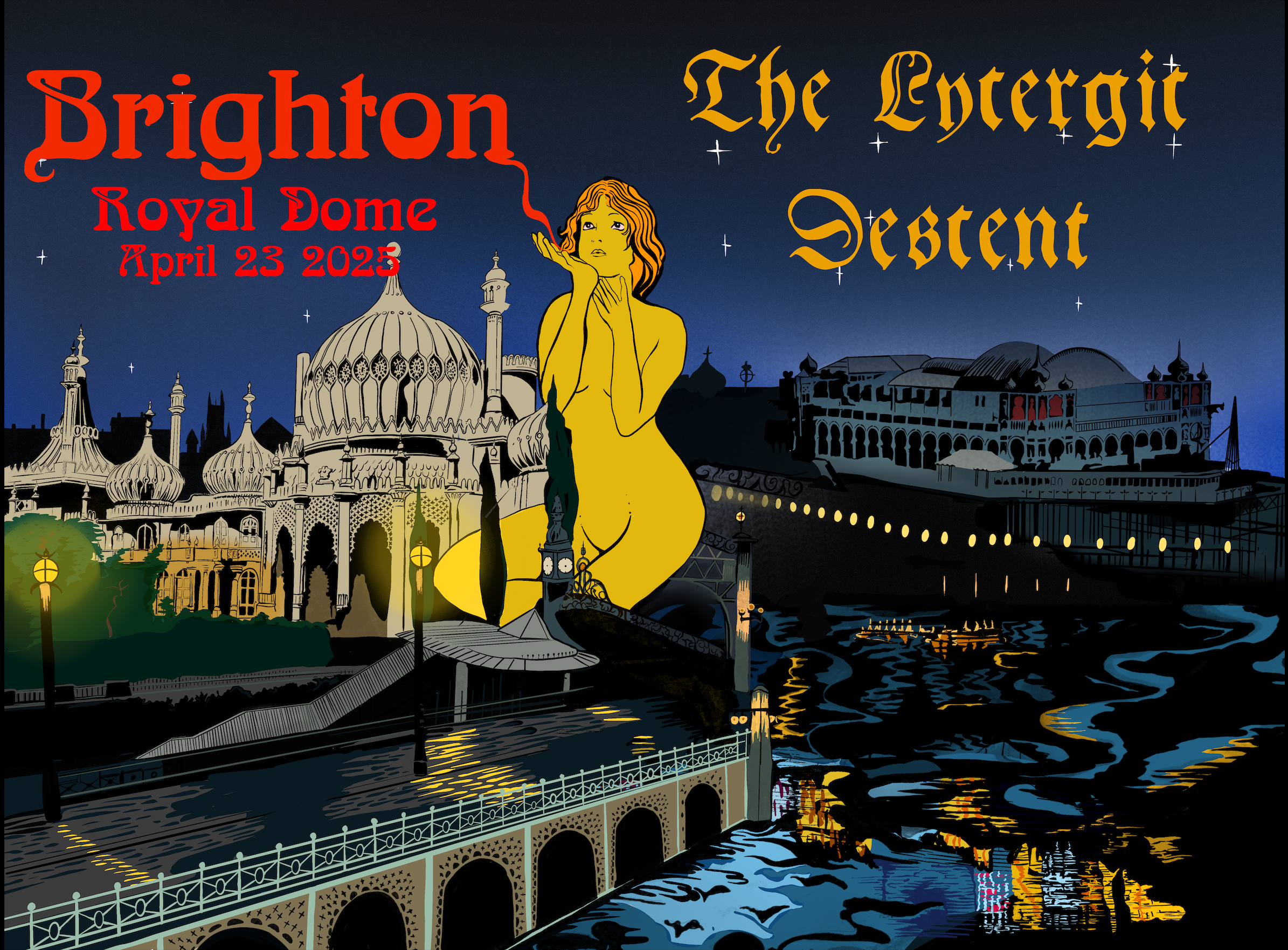 A promotional poster for an event called 'The Enchant Descent' at Brighton Royal Dome on April 23, 2025. The poster features an illustrated woman with red hair and a yellow dress, set against a dark night sky background with stars, famous rooftops of