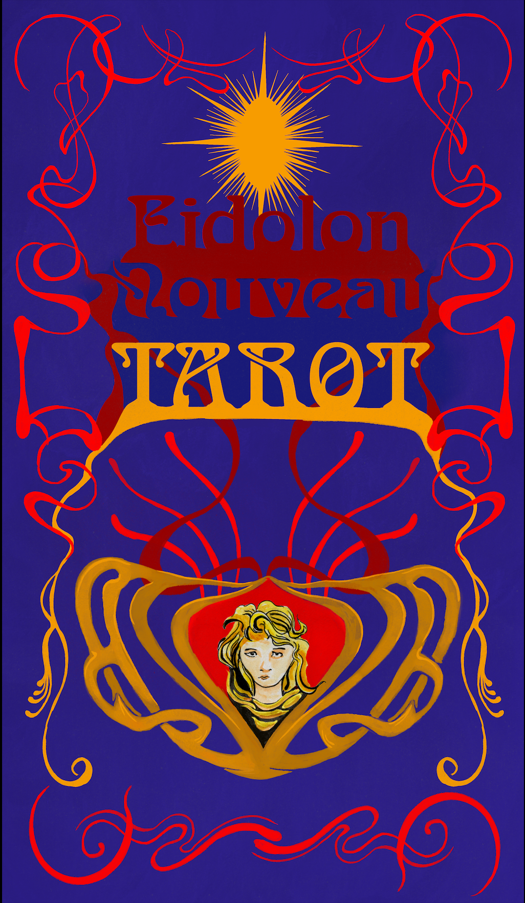 A colorful, stylized book cover featuring a central image of a woman's face with flowy hair, surrounded by intricate golden swirls and red ribbons. The title appears in stylized text, and there is a bright yellow starburst at the top of the image against a deep blue background.
