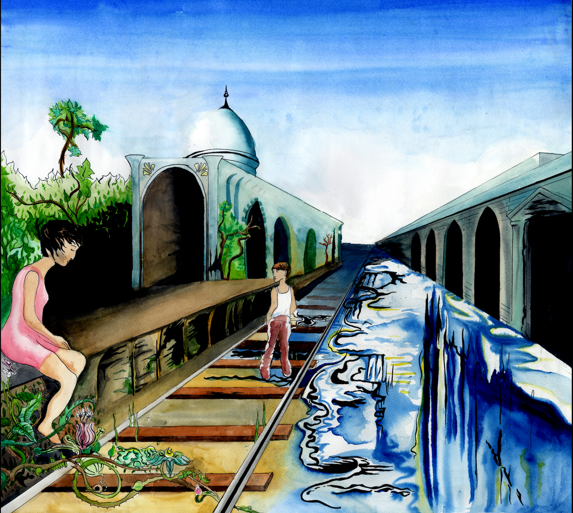 A surreal watercolor painting of a hybrid scene with a staircase on the left featuring a girl in a pink dress, and a cityscape with buildings and a blue sky on the right, blending into flowing water and abstract patterns.