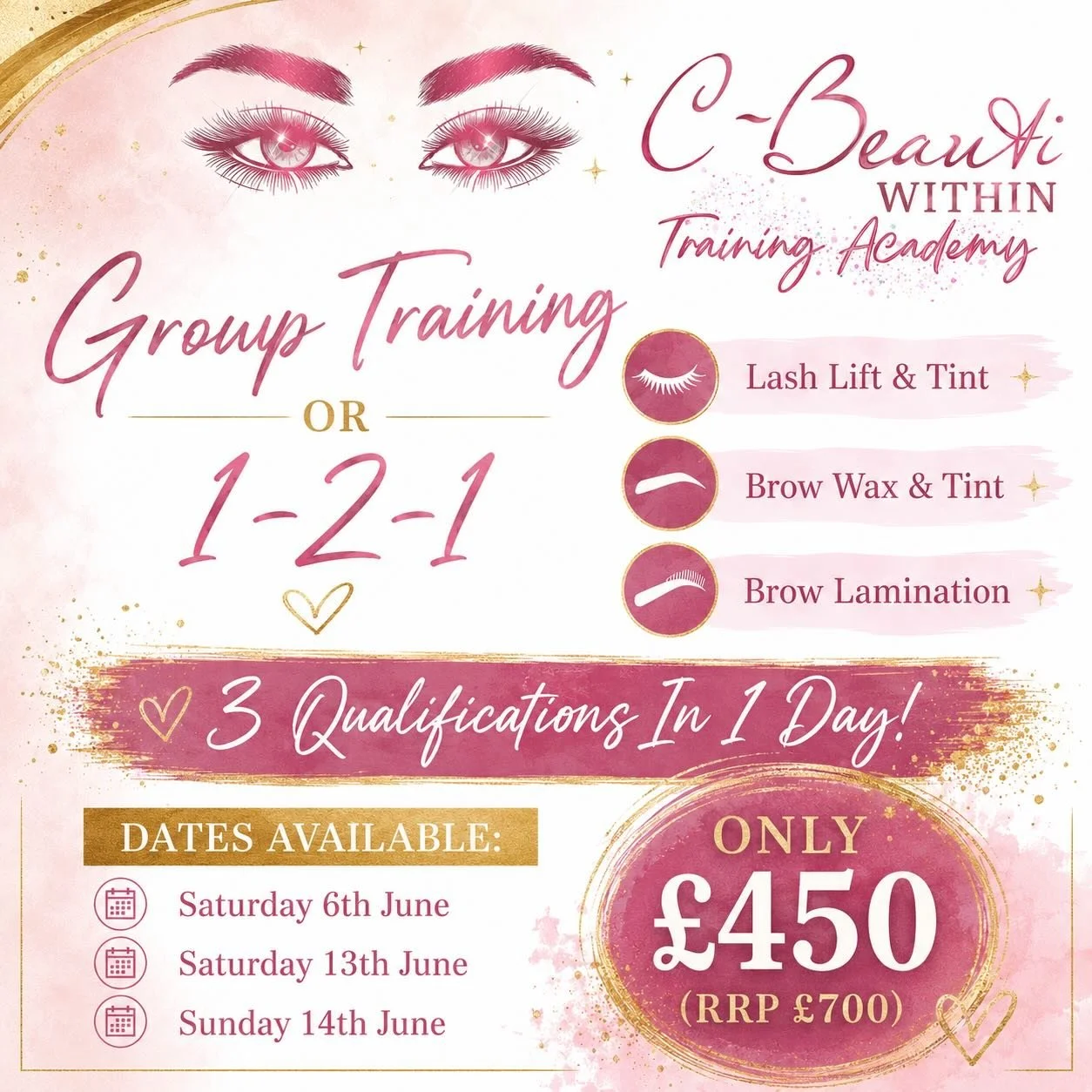 ✨ READY TO LEVEL UP YOUR BEAUTY CAREER? ✨

Train in:
💗 Lash Lift &amp; Tint
💗 Brow Wax &amp; Tint
💗 Brow Lamination

Choose from Group Training or 1-2-1 sessions 🤍

🎓 Gain ALL 3 qualifications in just ONE DAY!

📅 Dates Available:
&bull; Saturda