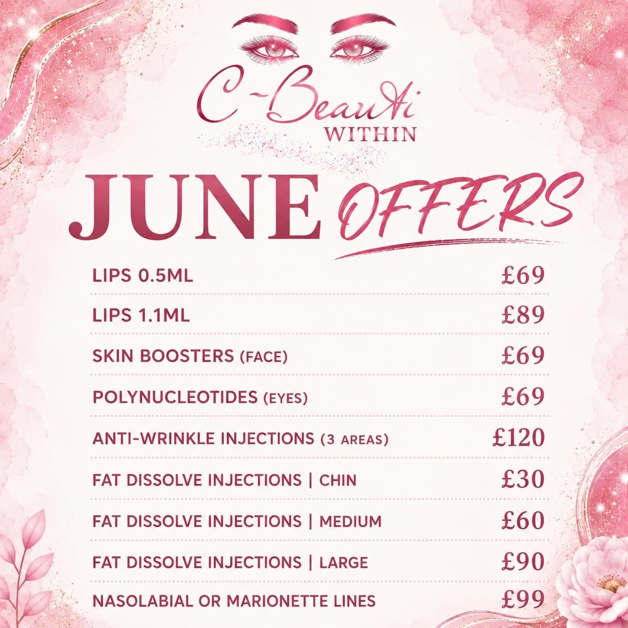 ✨🩷🌸 JUNE OFFERS 🌸🩷✨

Treat yourself this June with our amazing Aesthetic offers! 

Whether you&rsquo;re looking for fuller lips, smoother skin, rejuvenated eyes, or targeted fat dissolving treatments, there&rsquo;s something for everyone at unbea