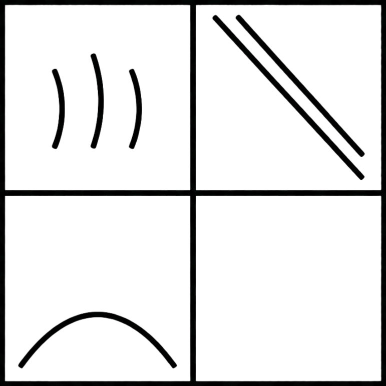 Geometric drawing of an outline square with sections divided by vertical, horizontal, and diagonal lines.