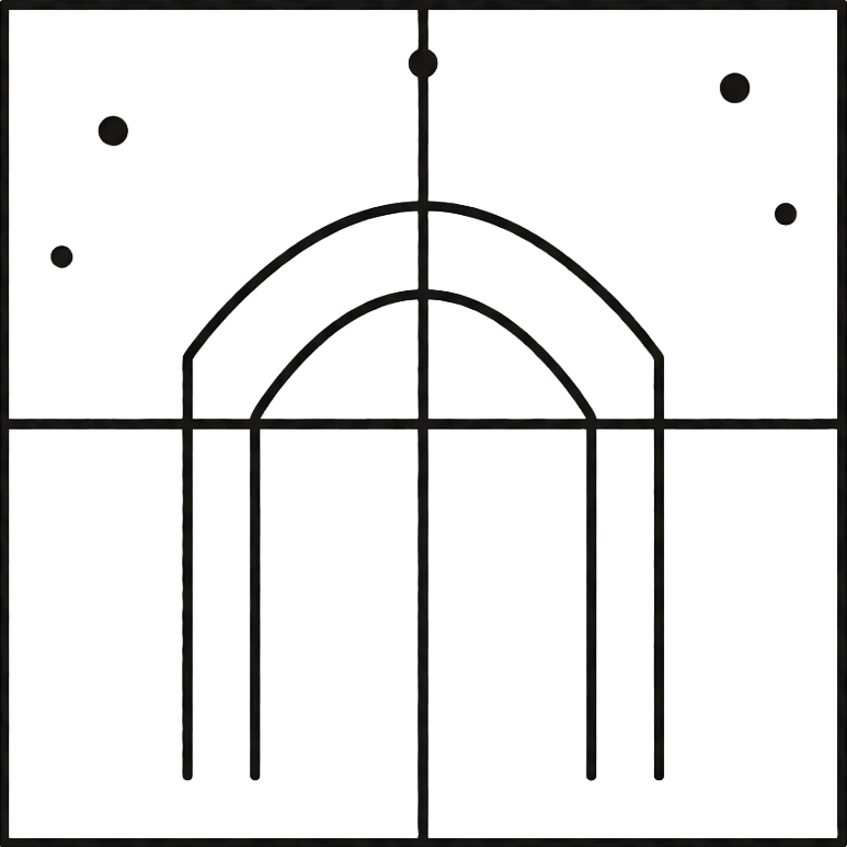 Geometric drawing of an outline square with sections divided by vertical, horizontal, and circle lines.