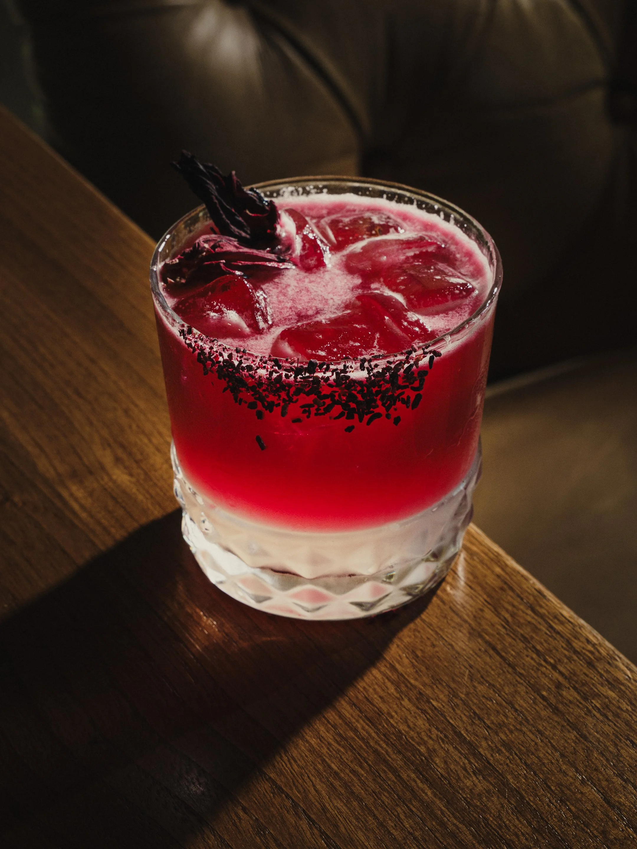 The Crimson Veil — hibiscus margarita with handmade hibiscus salt rim at East 23