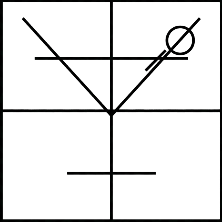 Geometric drawing of an outline square with sections divided by vertical, horizontal, and half circle lines.