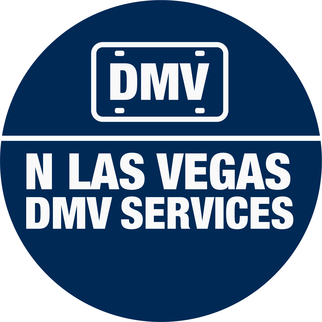 Blue circular logo with white text reading “N Las Vegas DMV Services” and a license plate icon.