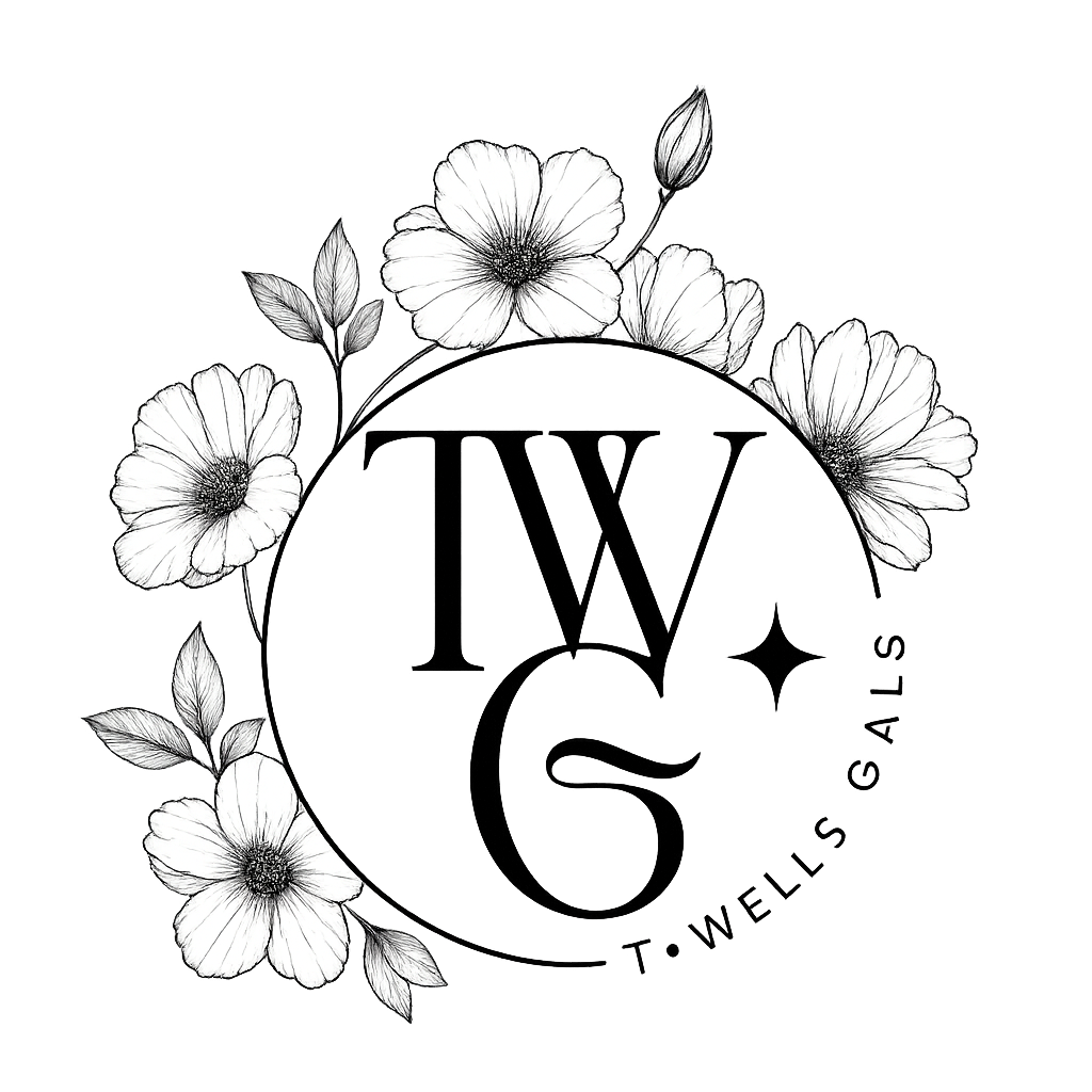 Black and white illustration of flowers surrounding a circular logo for "Tavella's Love".