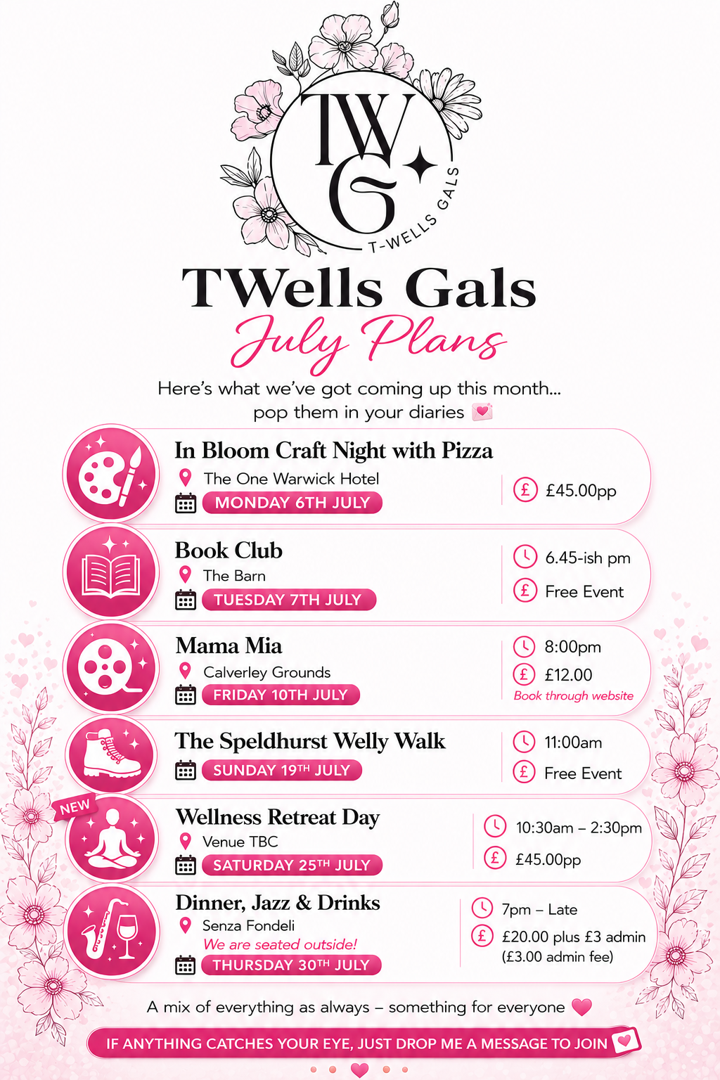 A flyer for TWells Gals' July events includes floral decorations and icons for each activity. Events listed are craft night, book club, Mama Mia, walk, wellness retreat, and dinner, with dates, locations, and details.