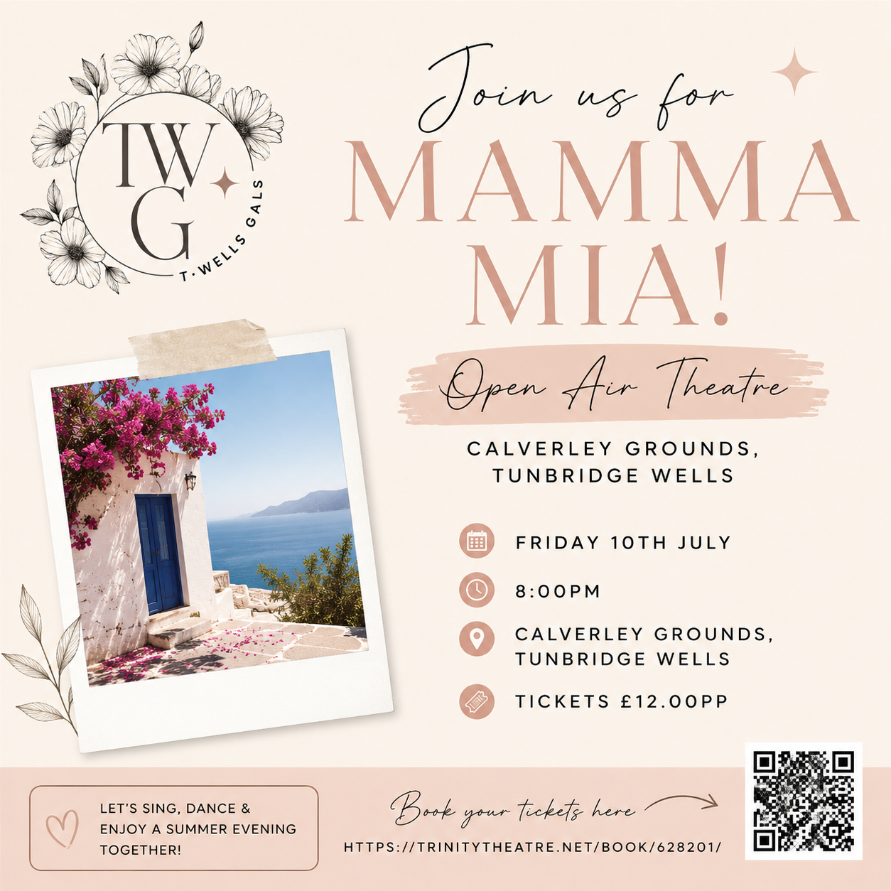 Event poster inviting people to Mamma Mia! open-air theatre at Calverley Grounds, Tunbridge Wells on Friday, July 10th at 8:00 PM. Features a floral logo, a photo of a Mediterranean house with a blue door by the sea, and event details including ticket price of £12.00.