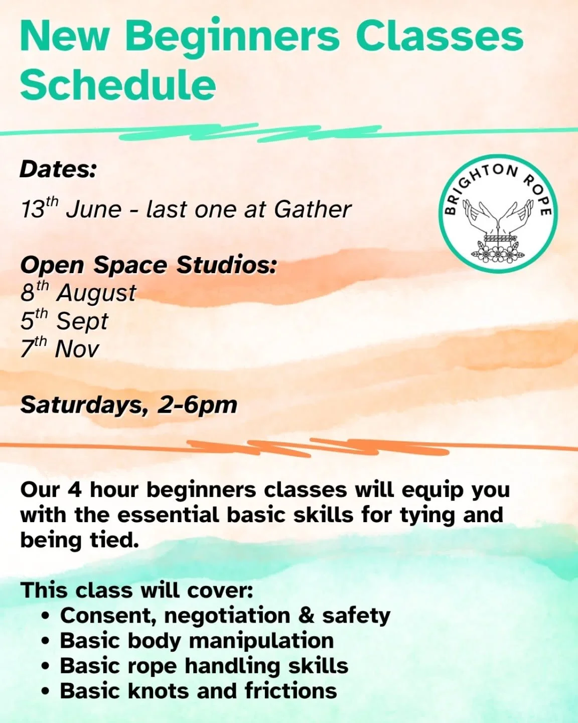 These are the dates and venues going forward for our Beginners classes. Please note the change of venue for August, and the different dates following that.

To learn more or book in, link is in bio.

We no longer run Beginners classes and rope jams o