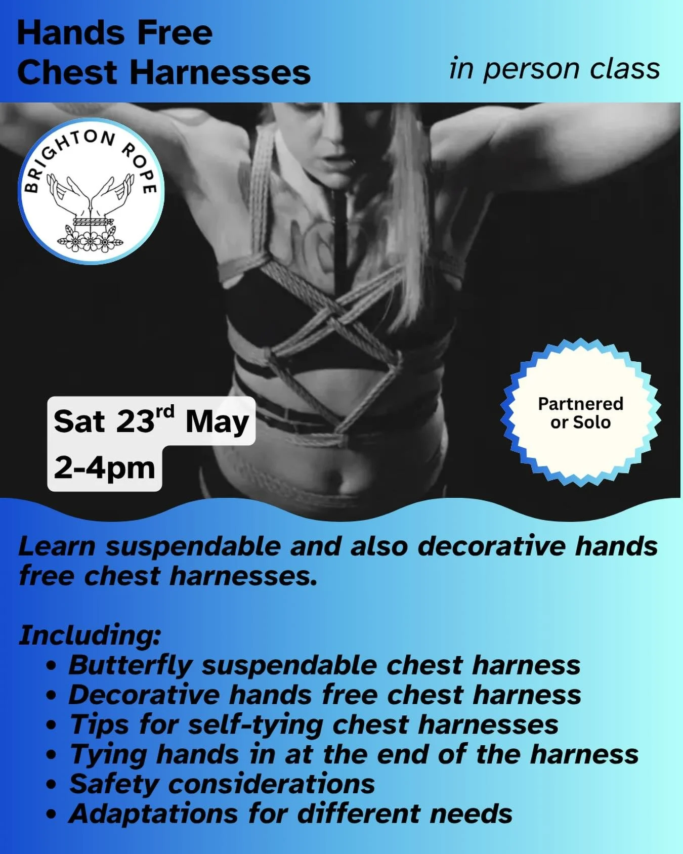Come learn some hands free chest harness variations at this in-person class, Saturday 23rd May from 2 to 4pm.
Tickets at the link in our bio 🙌

Learn suspendable and also decorative hands free chest harnesses.
Including:
&bull; Butterfly suspendable